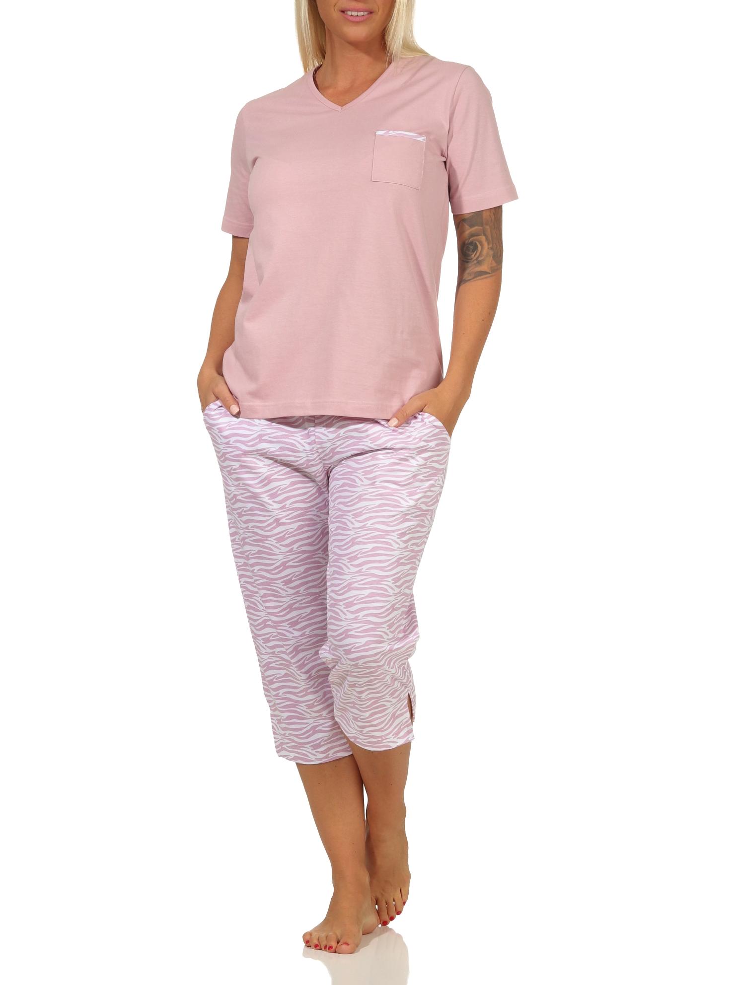 Lässiger Damen kurzarm Pyjama, Capri-Pyjamahose im eleganten Zebra-Muster – 112 204 90 444 Lässiger Damen kurzarm Pyjama, Capri-Pyjamahose im eleganten Zebra-Muster – 112 204 90 444