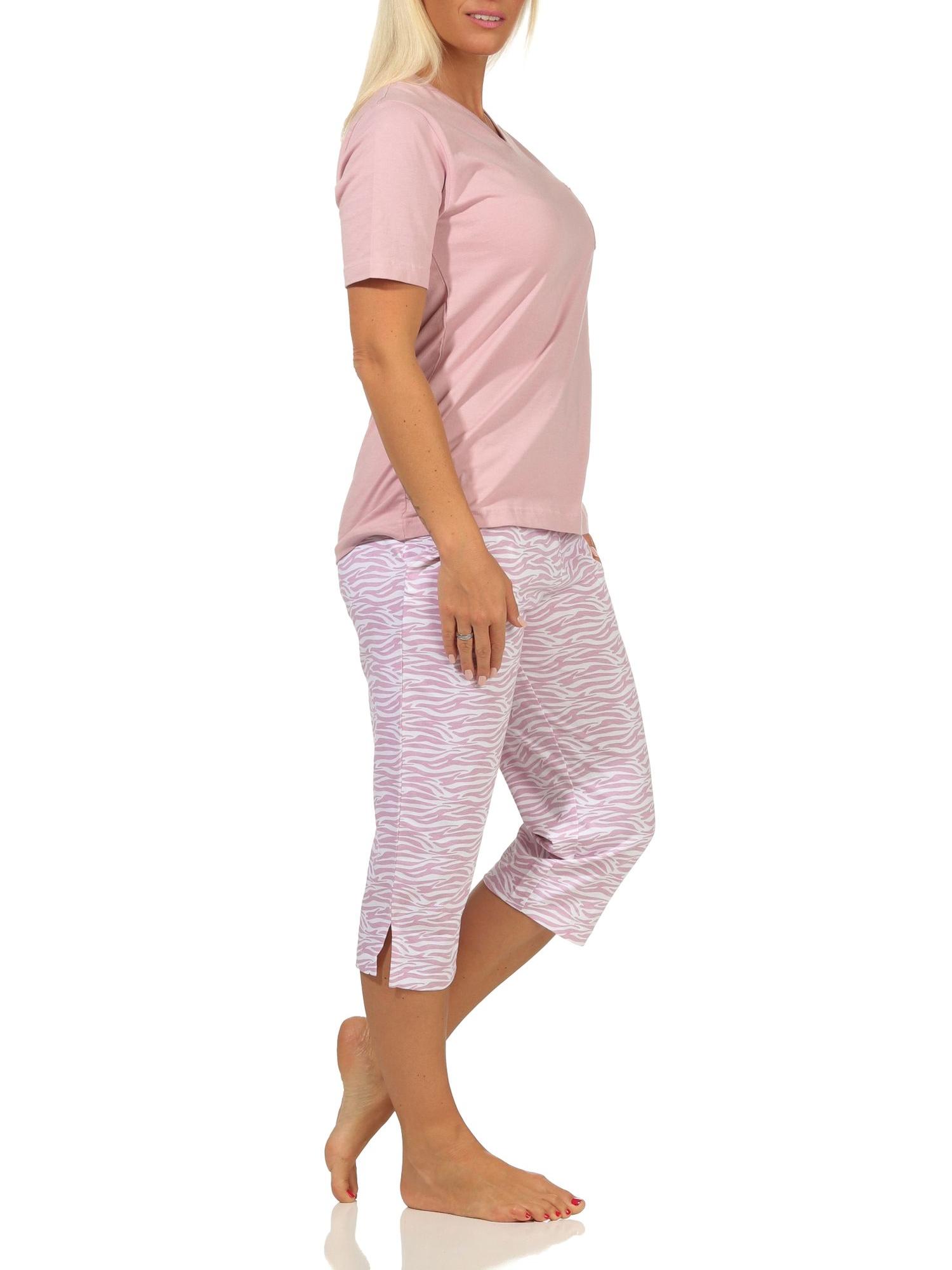 Lässiger Damen kurzarm Pyjama, Capri-Pyjamahose im eleganten Zebra-Muster – 112 204 90 444