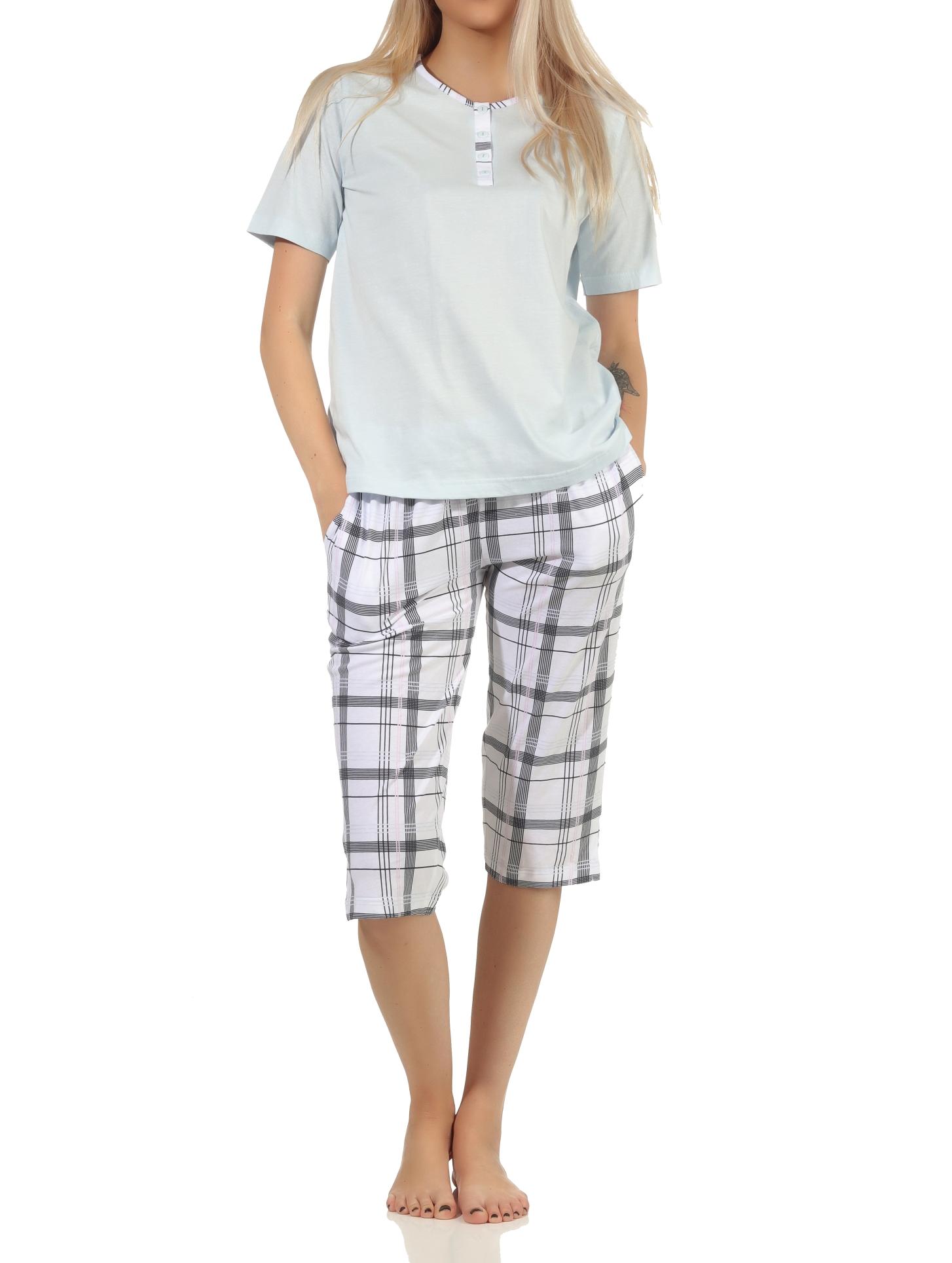 Edler Damen Capri Schlafanzug Pyjama kurzarm mit karierter Hose aus Jersey – 112 90 445