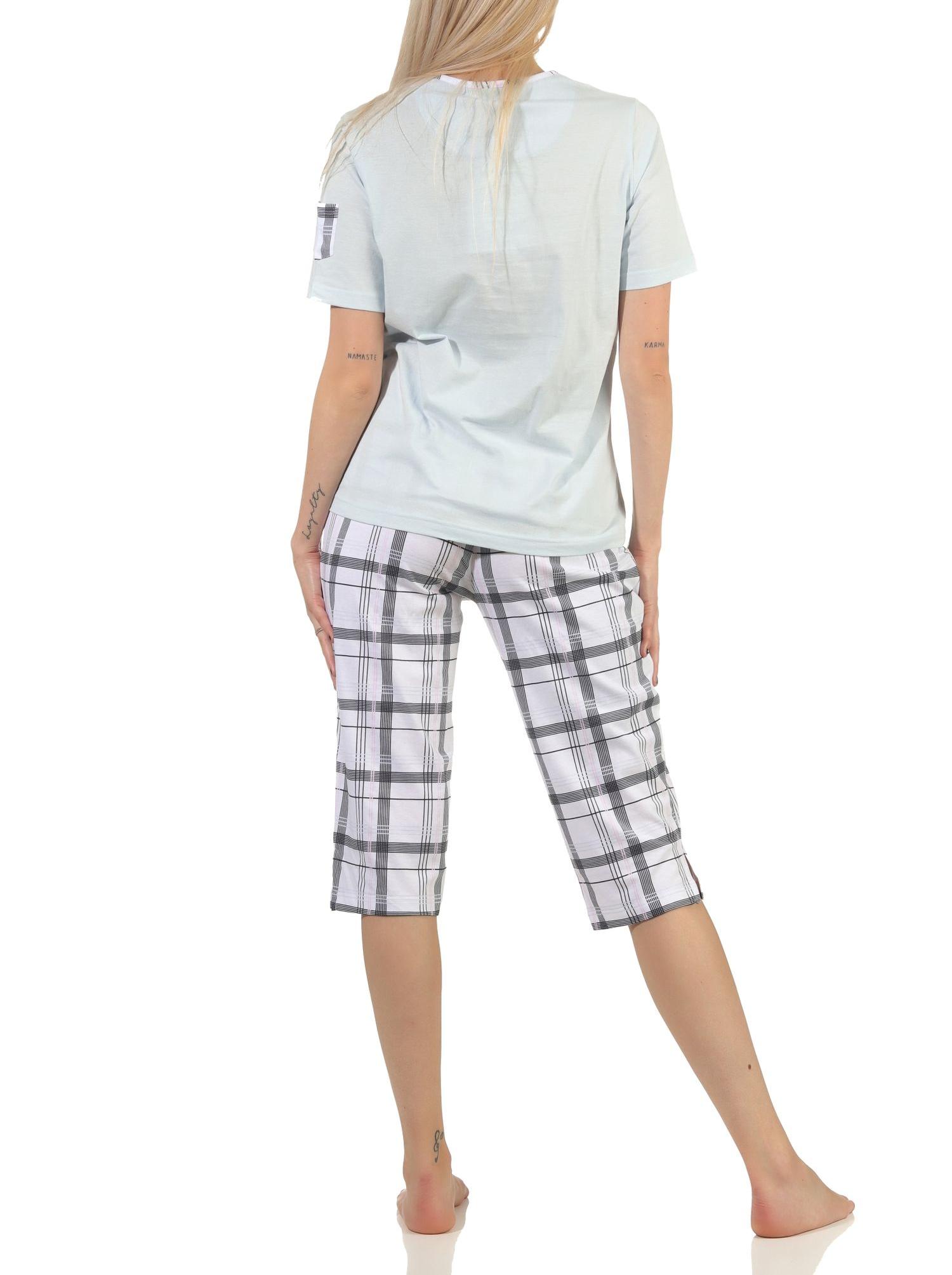 Edler Damen Capri Schlafanzug Pyjama kurzarm mit karierter Hose aus Jersey – 112 90 445