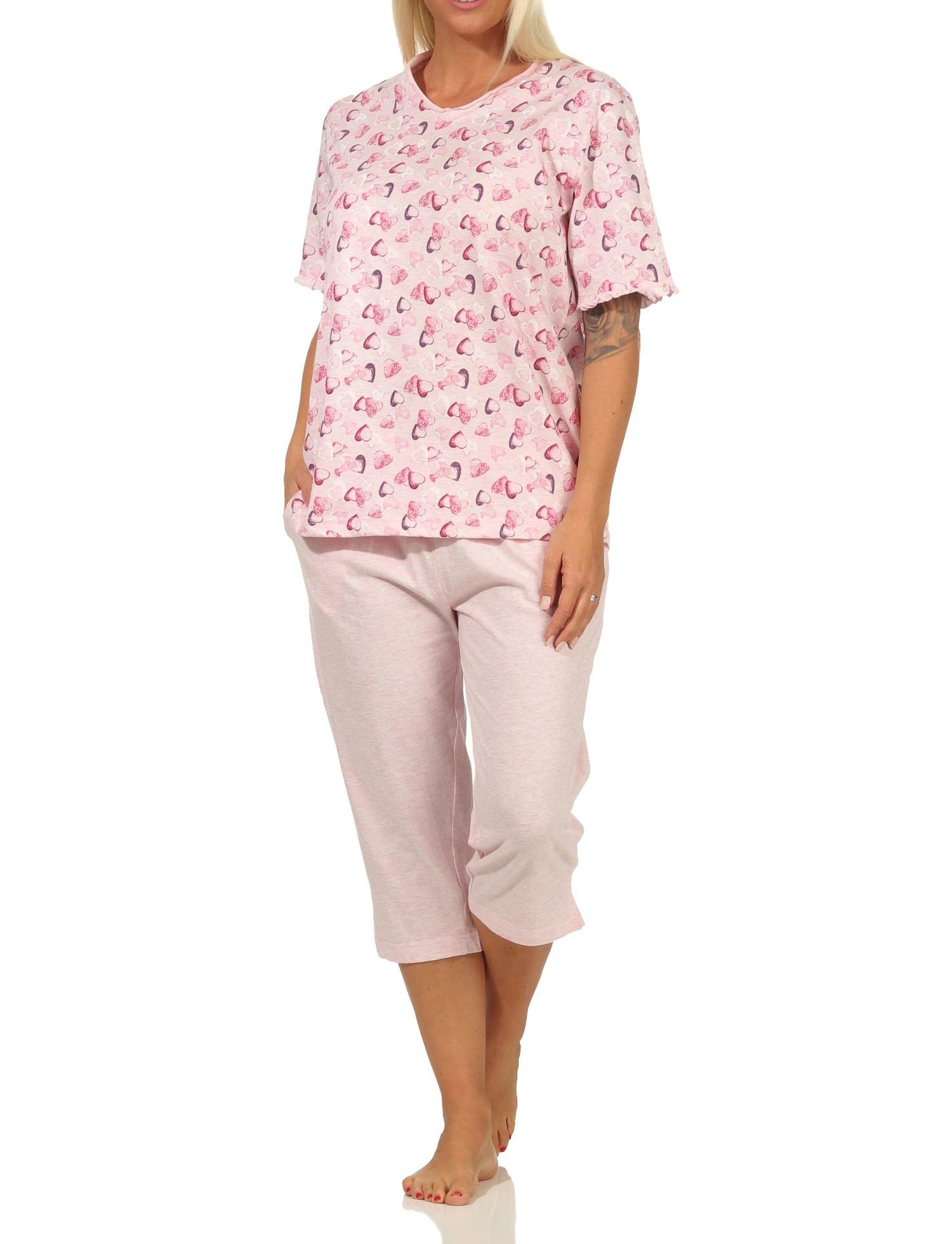 Damen Capri Pyjama kurzarm mit Herzen als Motiv in Melange-Optik - auch in Übergrössen