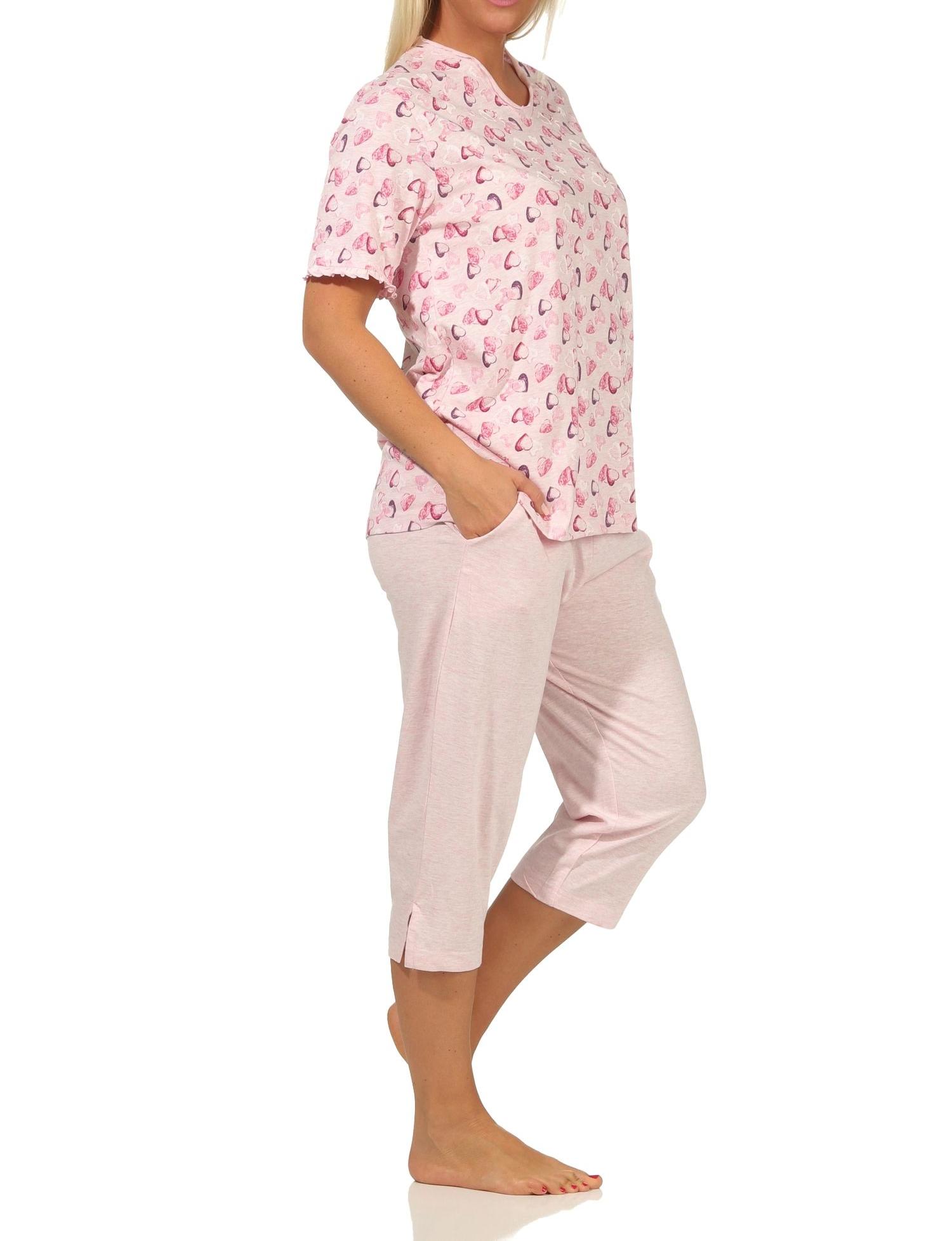 Damen Capri Pyjama kurzarm mit Herzen als Motiv in Melange-Optik - auch in Übergrössen