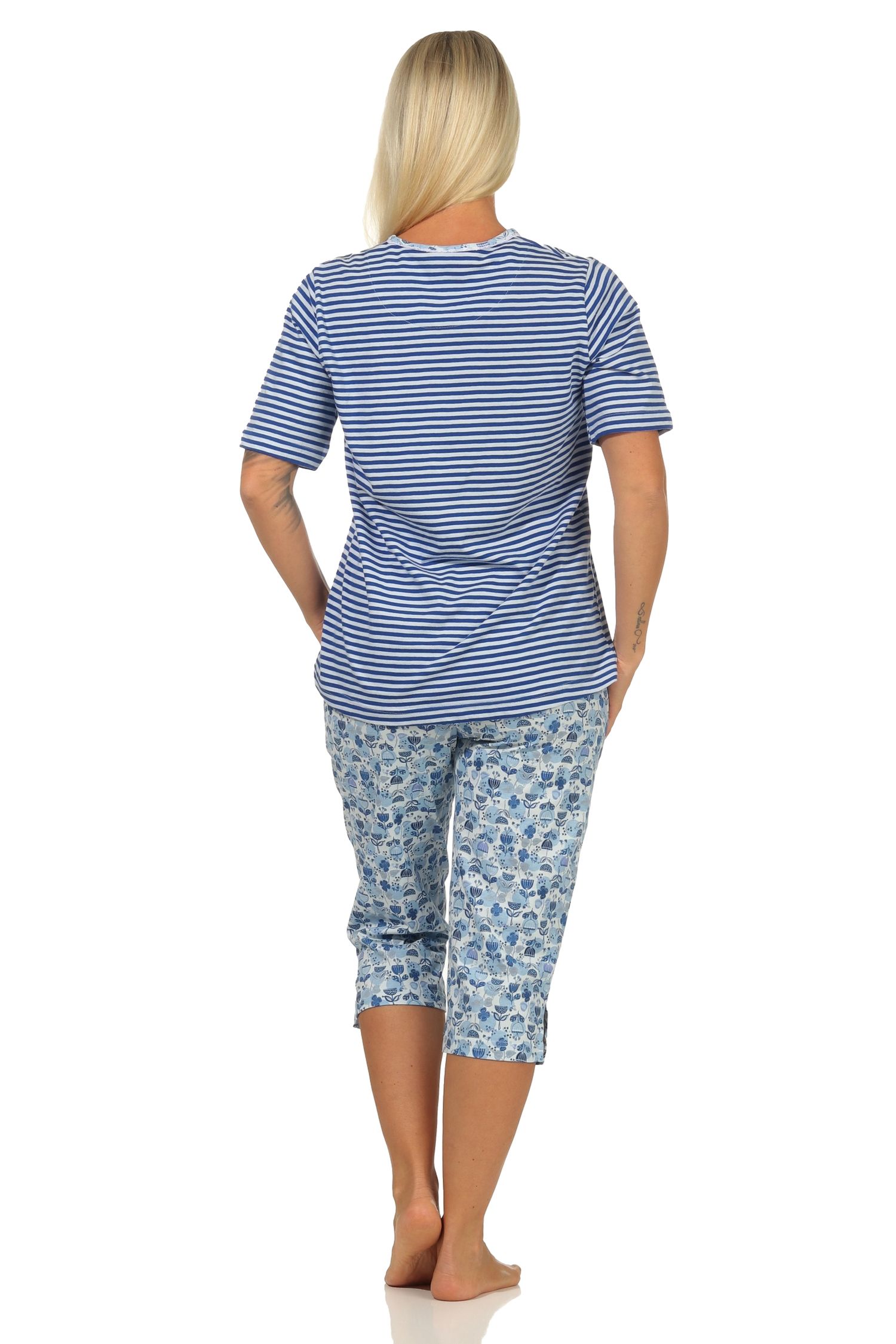Eleganter Damen Capri Pyjama Schlafanzug kurzarm mit Spitzenbesatz – auch in Übergrössen