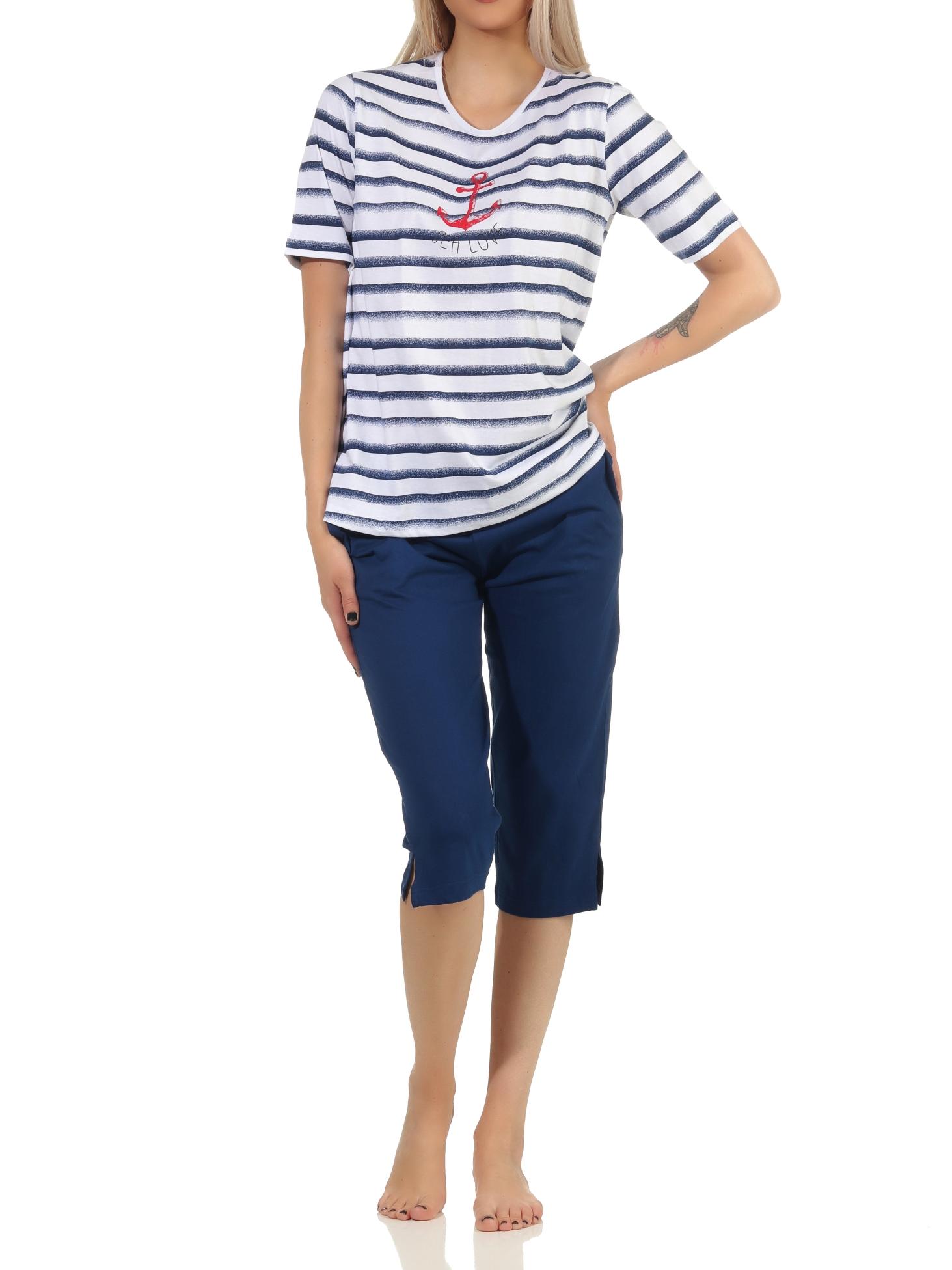 Maritimer Damen kurzarm Capri Schlafanzug, Oberteil mit Anker Motiv, auch in Übergrössen