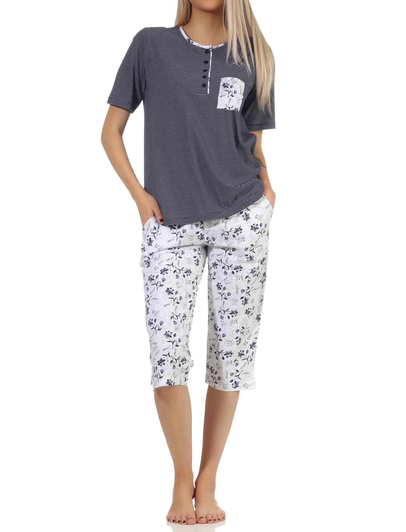 Normann Damen Capri Schlafanzug kurzarm Pyjama, Oberteil gestreift, Hose Blümchenmuster