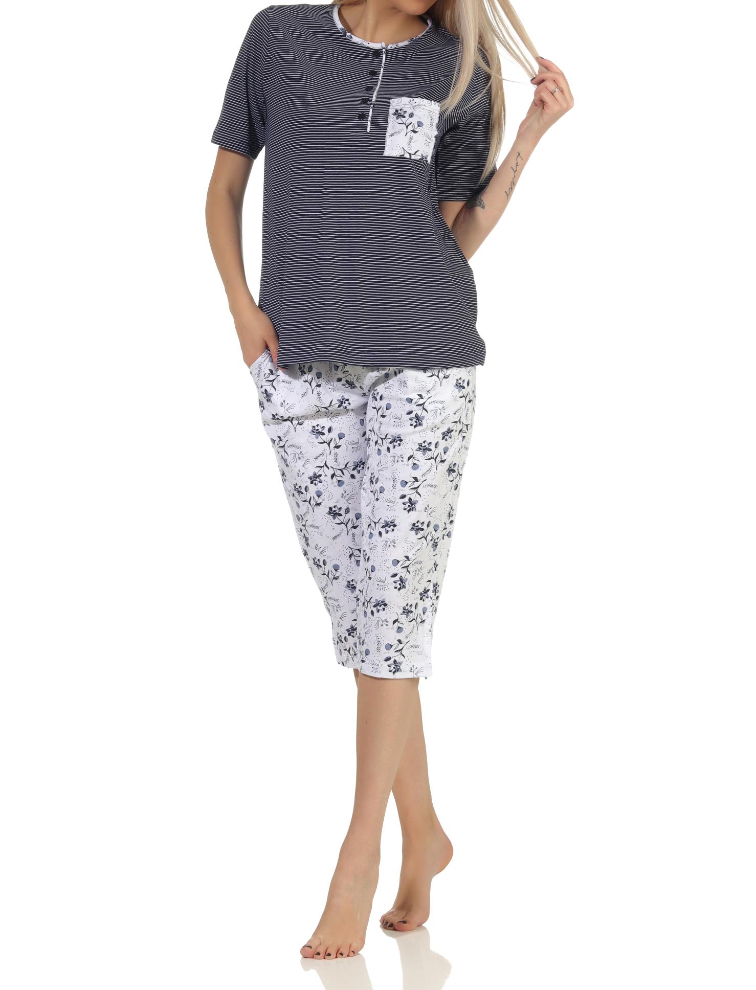 Normann Damen Capri Schlafanzug kurzarm Pyjama, Oberteil gestreift, Hose Blümchenmuster