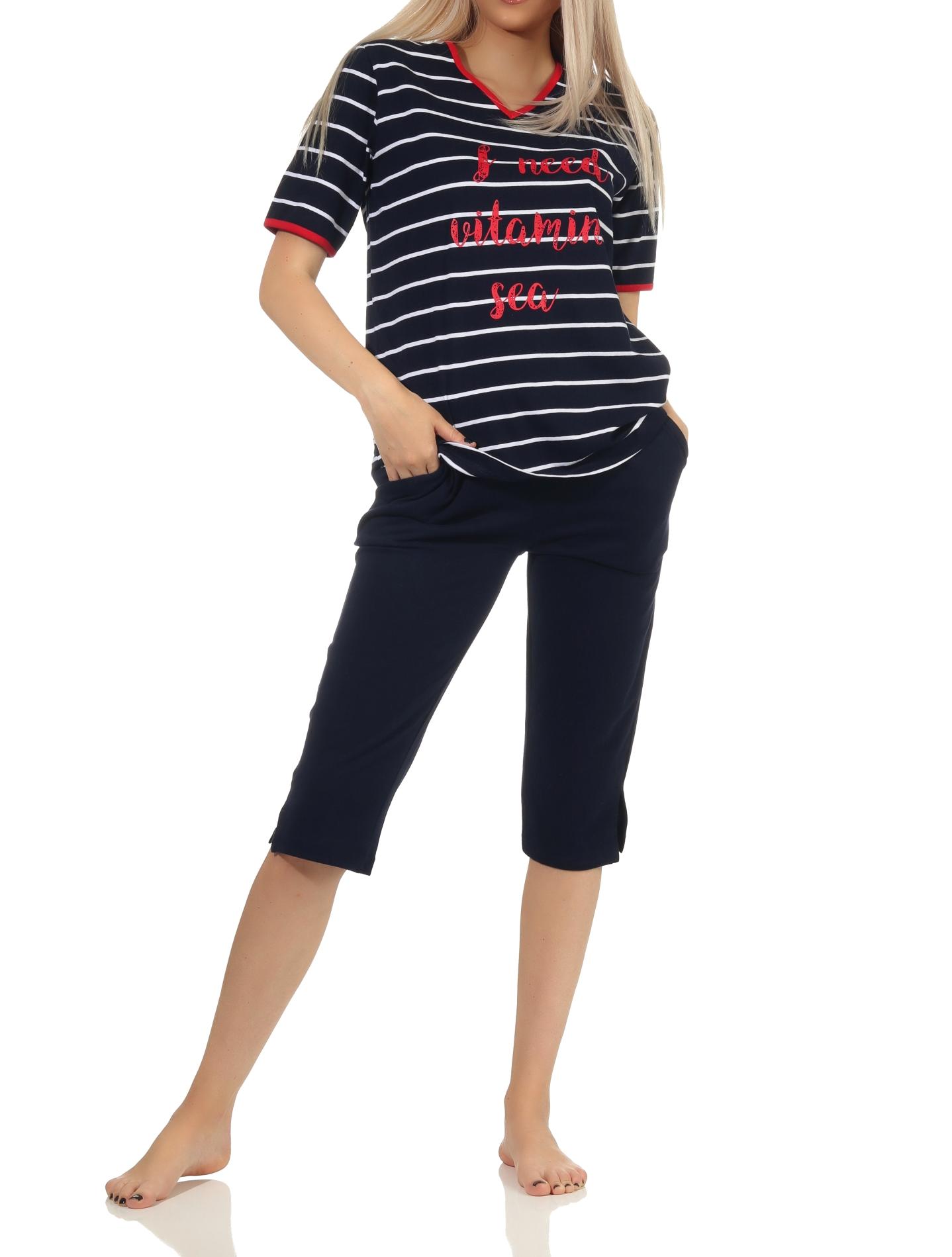 Damen Capri kurzarm Pyjama in maritimer Streifenoptik – auch in Übergrössen erhältlich