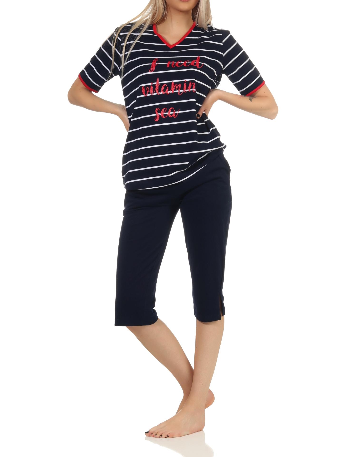 Damen Capri kurzarm Pyjama in maritimer Streifenoptik – auch in Übergrössen erhältlich