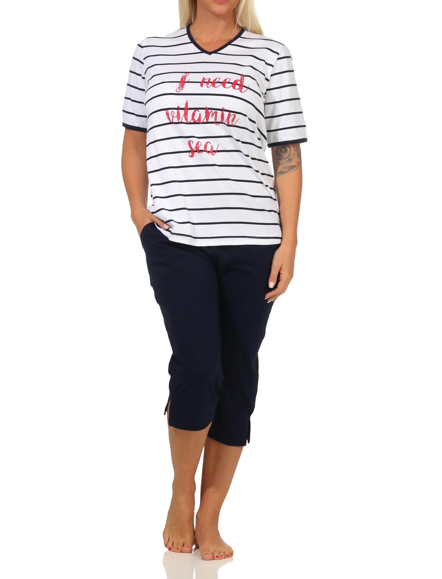 Damen Capri kurzarm Pyjama in maritimer Streifenoptik – auch in Übergrössen erhältlich