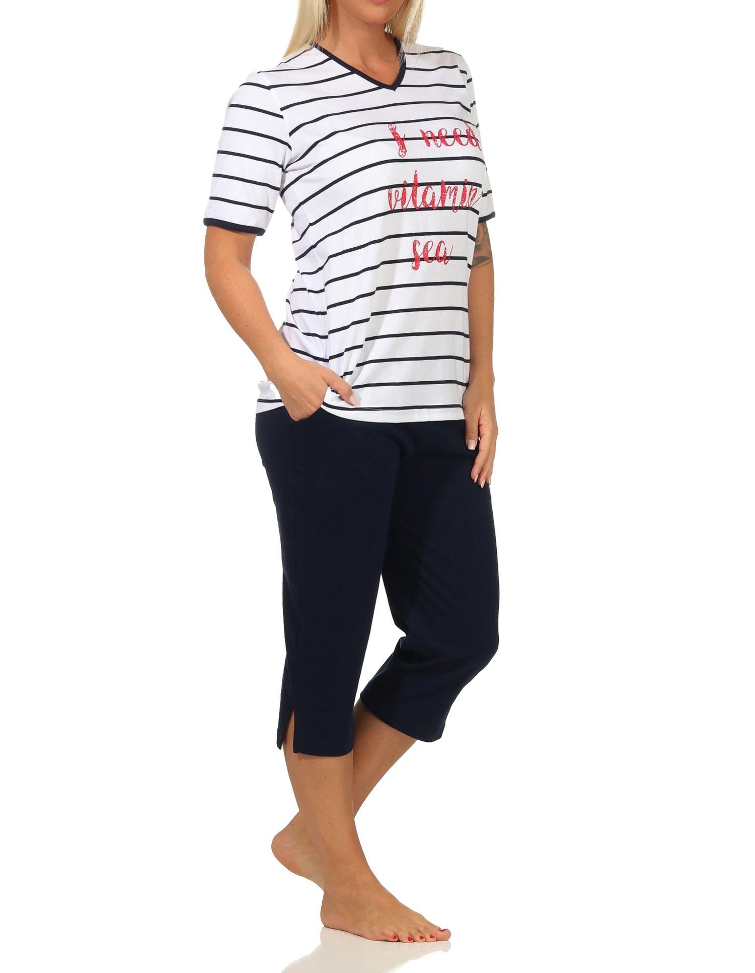 Damen Capri kurzarm Pyjama in maritimer Streifenoptik – auch in Übergrössen erhältlich
