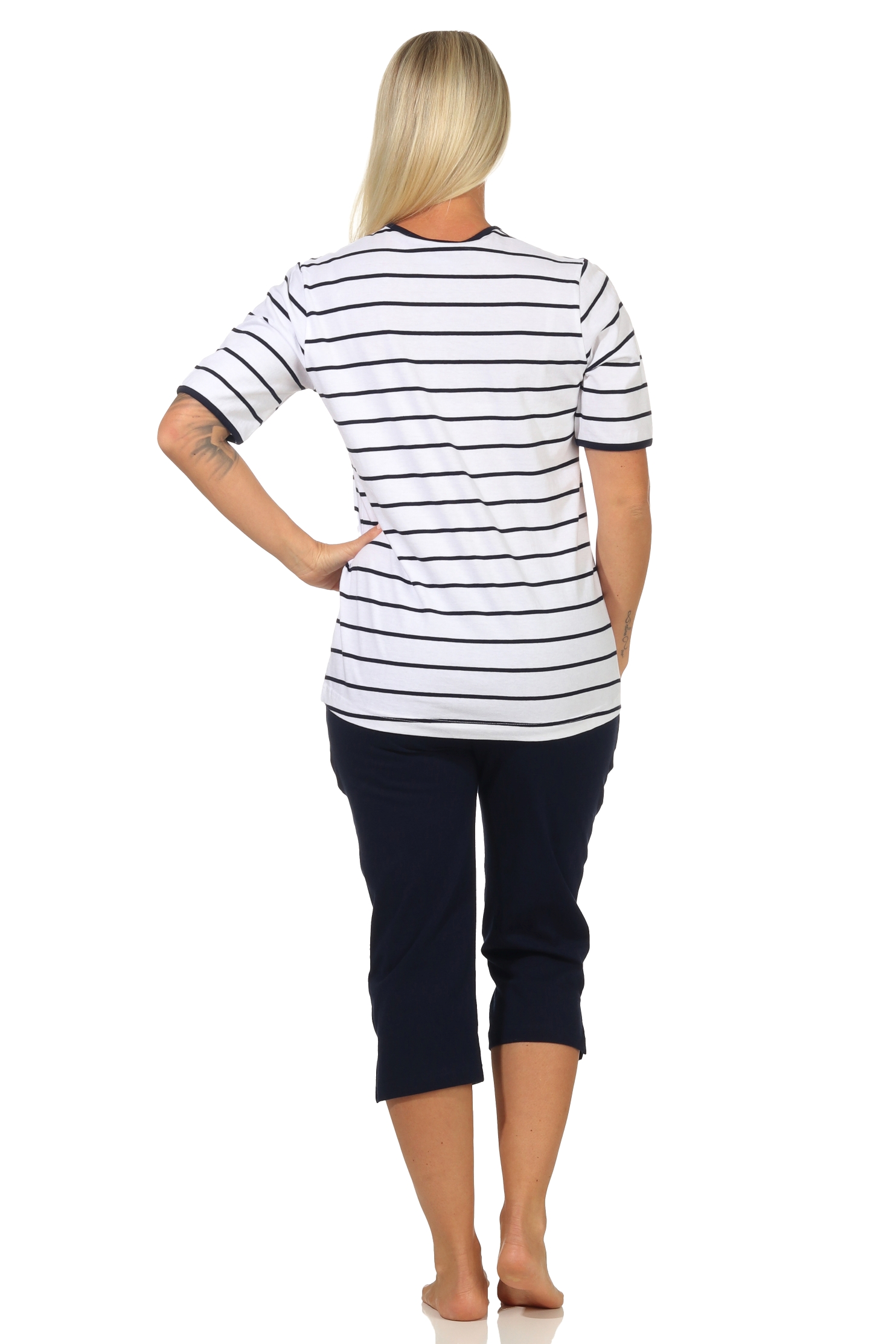 Damen Capri kurzarm Pyjama in maritimer Streifenoptik – auch in Übergrössen erhältlich