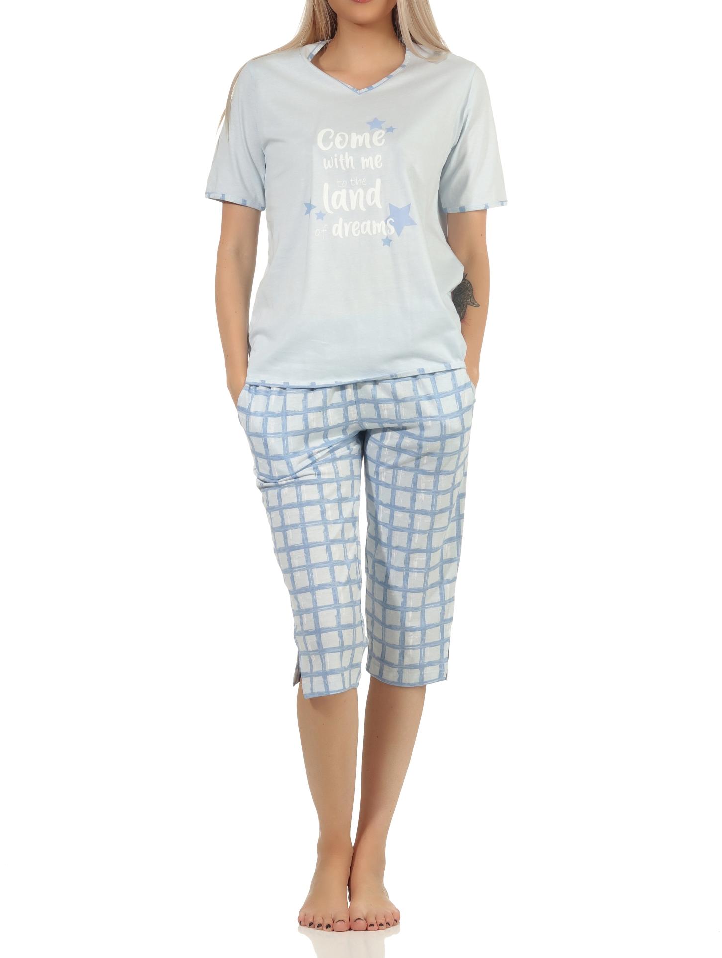 Damen kurzarm Capri Pyjama mit karierter Jersey Hose  – auch in Übergrössen erhältlich