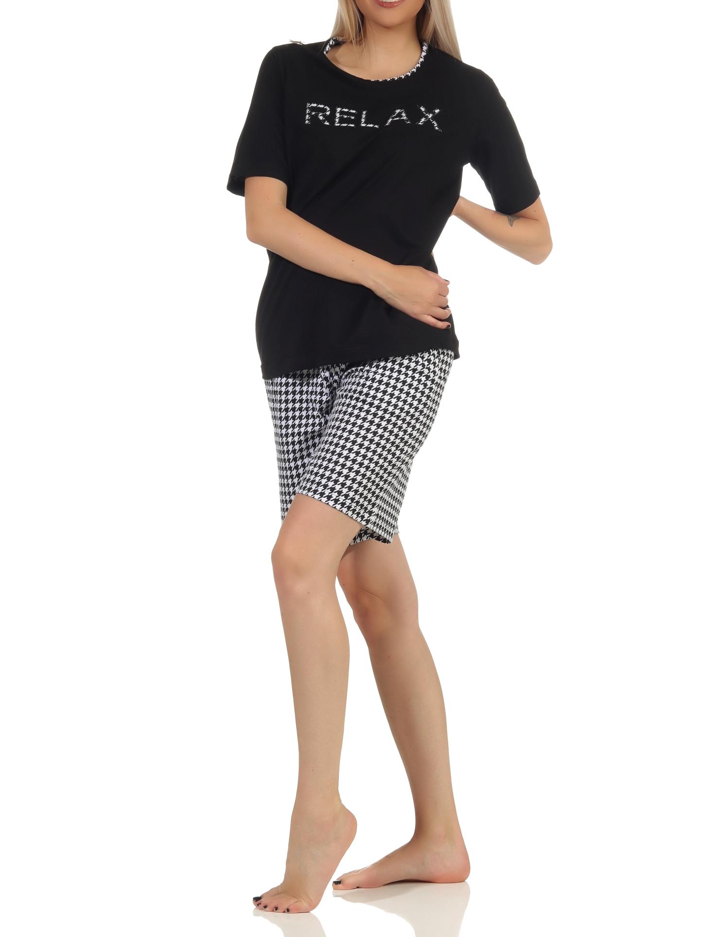 Eleganter Damen kurzarm Shorty Schlafanzug, Hose im Pepita Look – auch in Übergrössen Eleganter Damen kurzarm Shorty Schlafanzug, Hose im Pepita Look – auch in Übergrössen