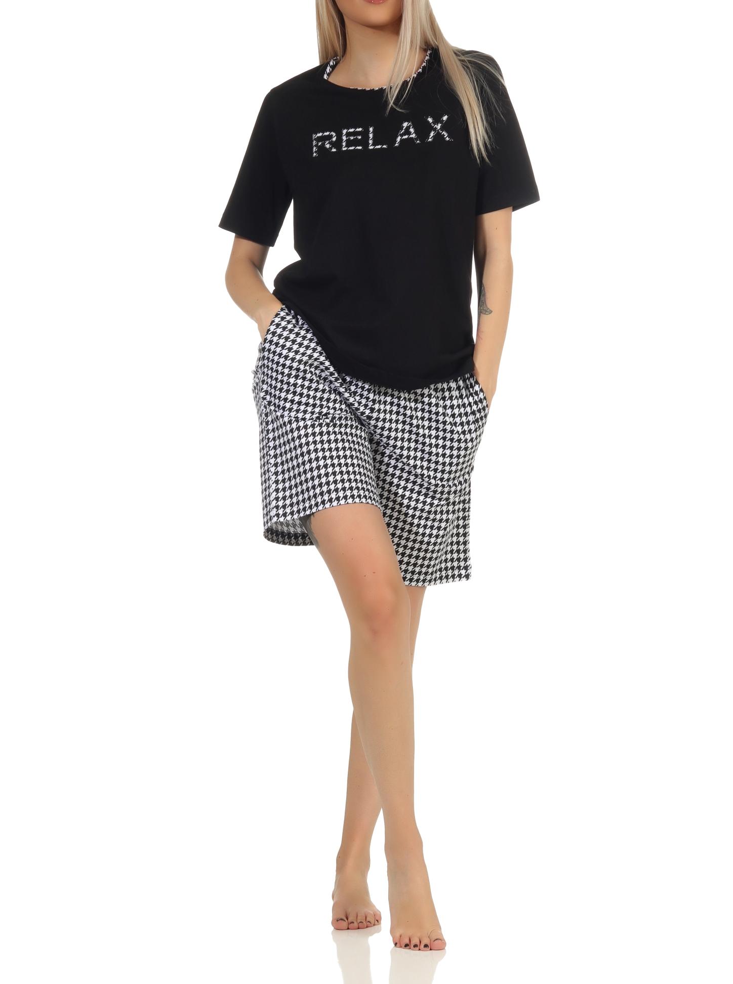 Eleganter Damen kurzarm Shorty Schlafanzug, Hose im Pepita Look – auch in Übergrössen