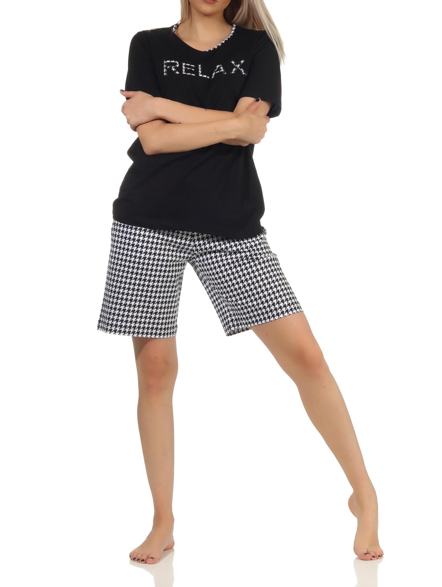 Eleganter Damen kurzarm Shorty Schlafanzug, Hose im Pepita Look – auch in Übergrössen