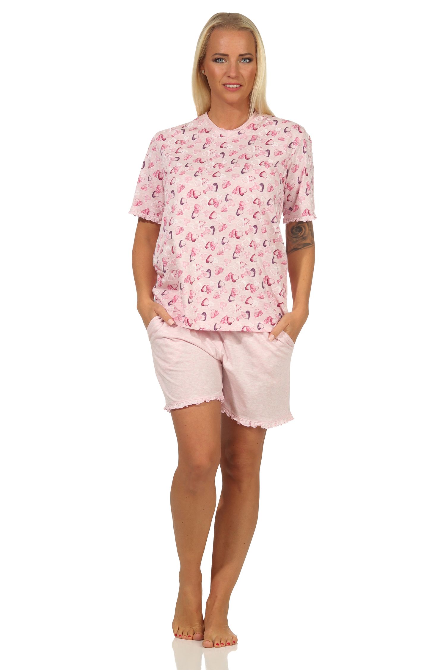 Damen Shorty Pyjama kurzarm mit Herzen als Motiv in Melange-Optik - auch in Übergrössen