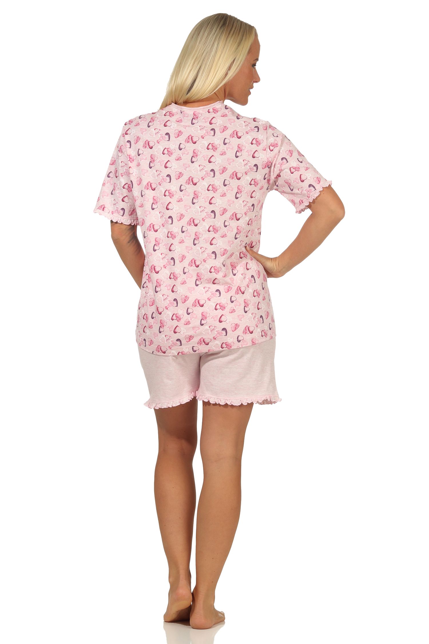 Damen Shorty Pyjama kurzarm mit Herzen als Motiv in Melange-Optik - auch in Übergrössen