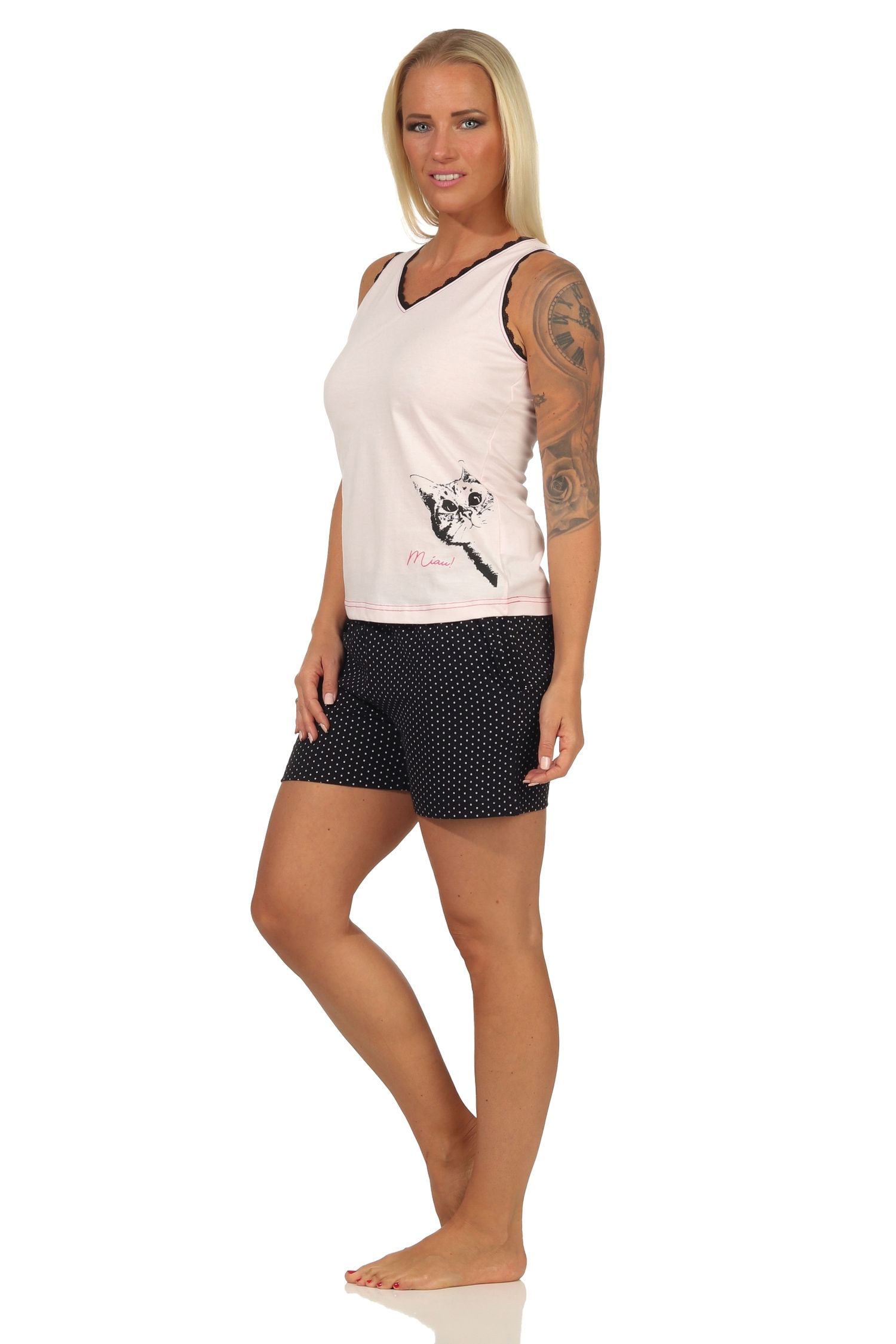 Damen Achselhemd Shorty Pyjama Tanktop mit Katze als Motiv, Hose in Tupfen Optik