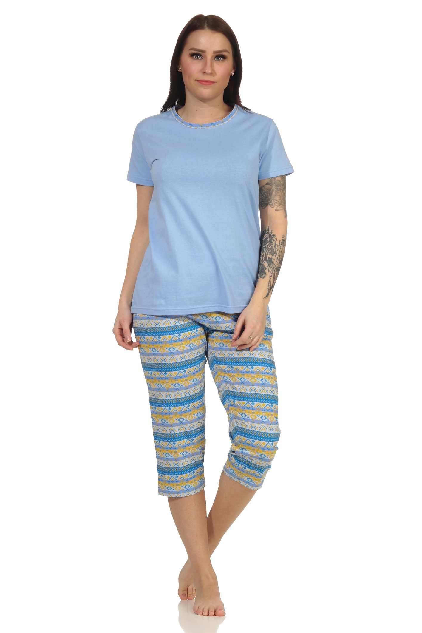 Damen kurzarm Schlafanzug Pyjama mit Capri Hose im Ethnolook - 66627