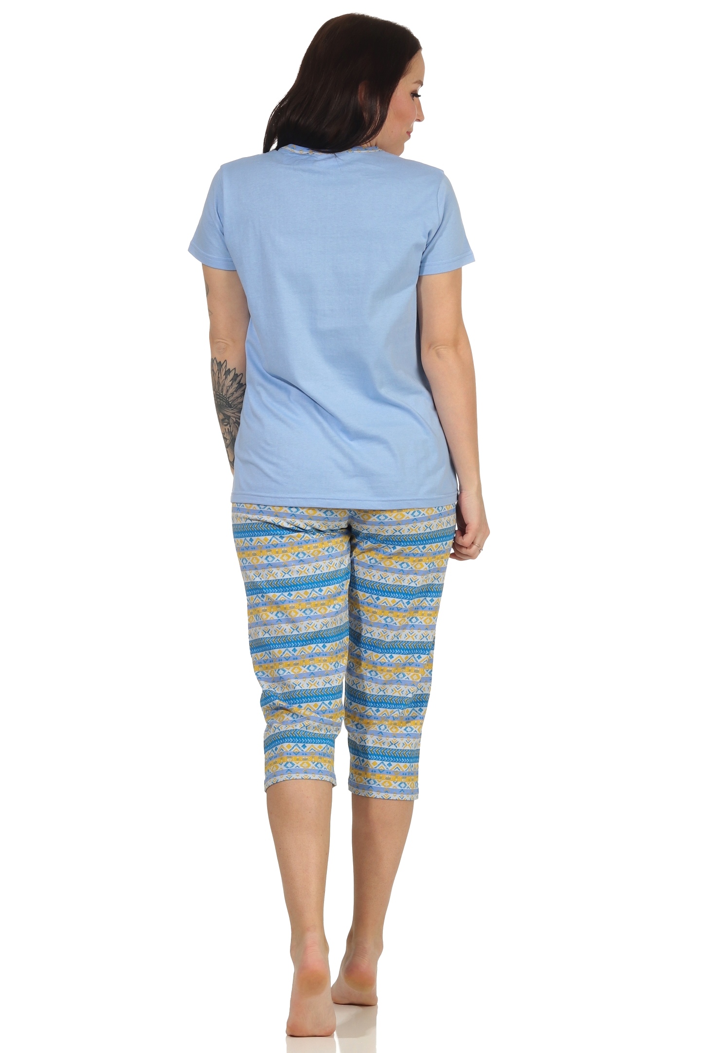 Damen kurzarm Schlafanzug Pyjama mit Capri Hose im Ethnolook - 66627