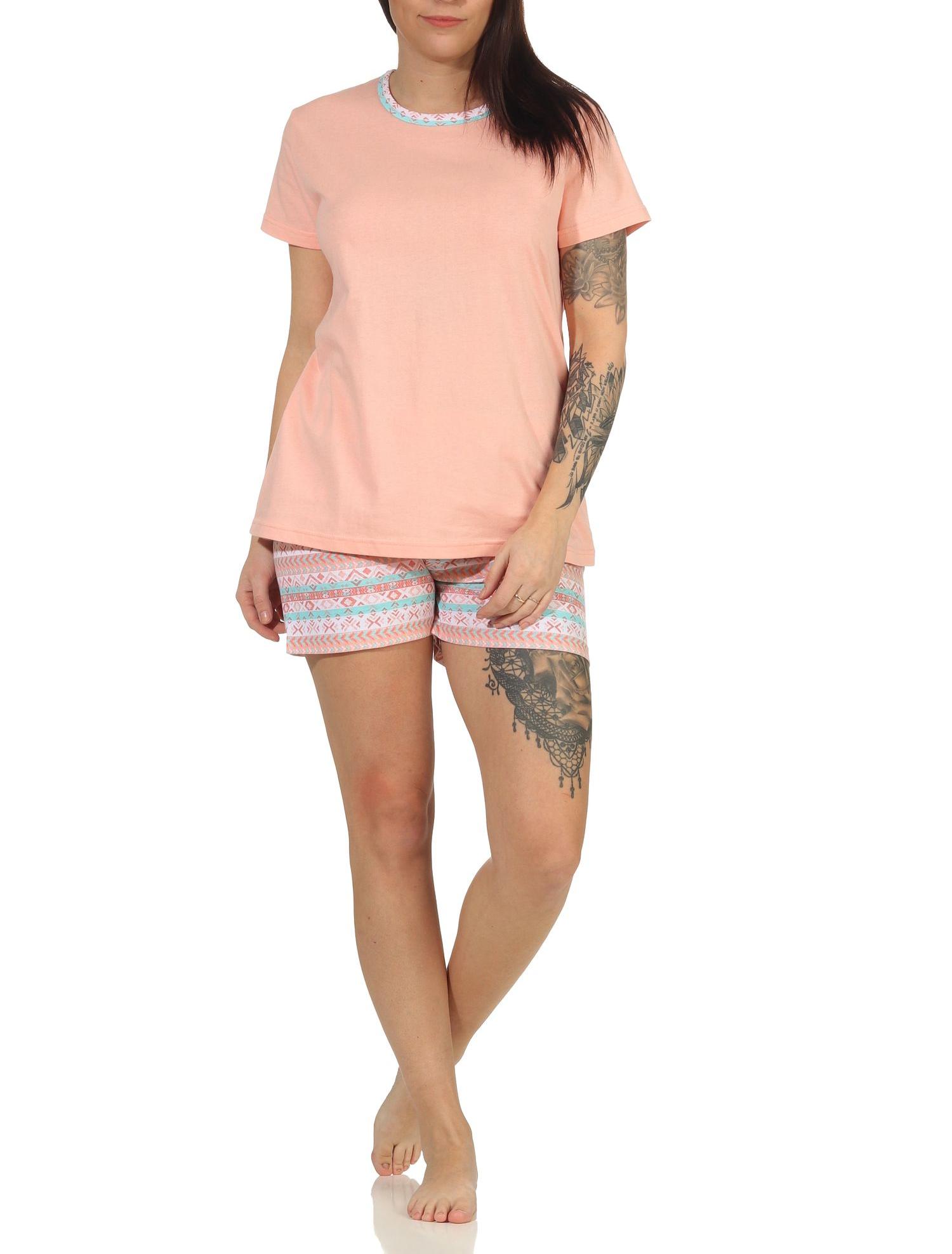 Damen kurzarm Schlafanzug Shorty Pyjama mit kurzer Hose im Ethnolook - 66628