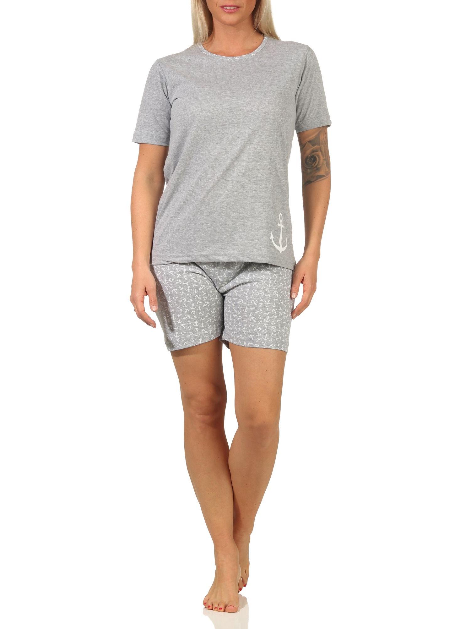 Damen Shorty Pyjama kurzarm, unifarben, mit lässigem Anker-Motiv - 66260