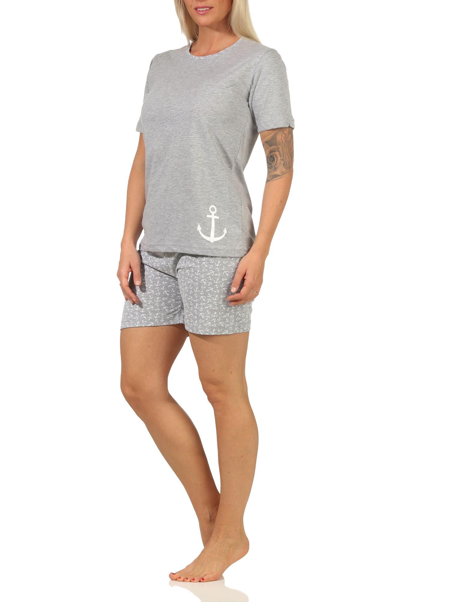 Damen Shorty Pyjama kurzarm, unifarben, mit lässigem Anker-Motiv - 66260