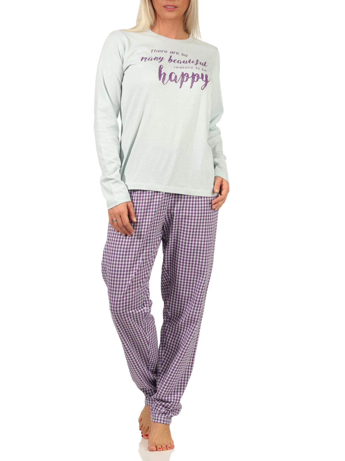 Damen langarm Schlafanzug Pyjama mit Schriftzug und karierter Hose - 66536