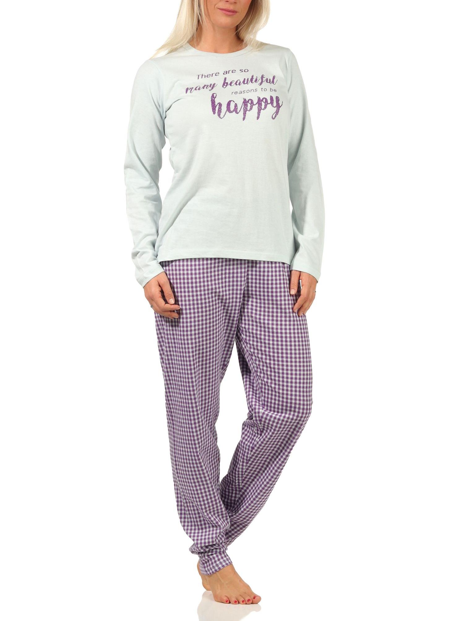 Damen langarm Schlafanzug Pyjama mit Schriftzug und karierter Hose - 66536