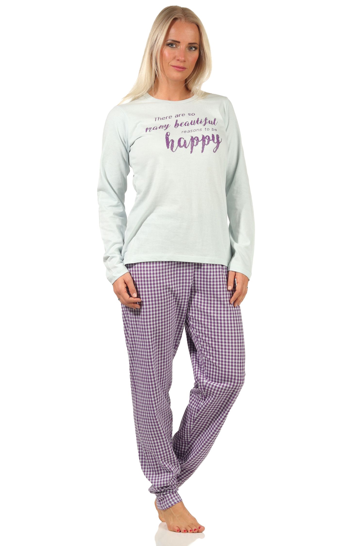 Damen langarm Schlafanzug Pyjama mit Schriftzug und karierter Hose - 66536