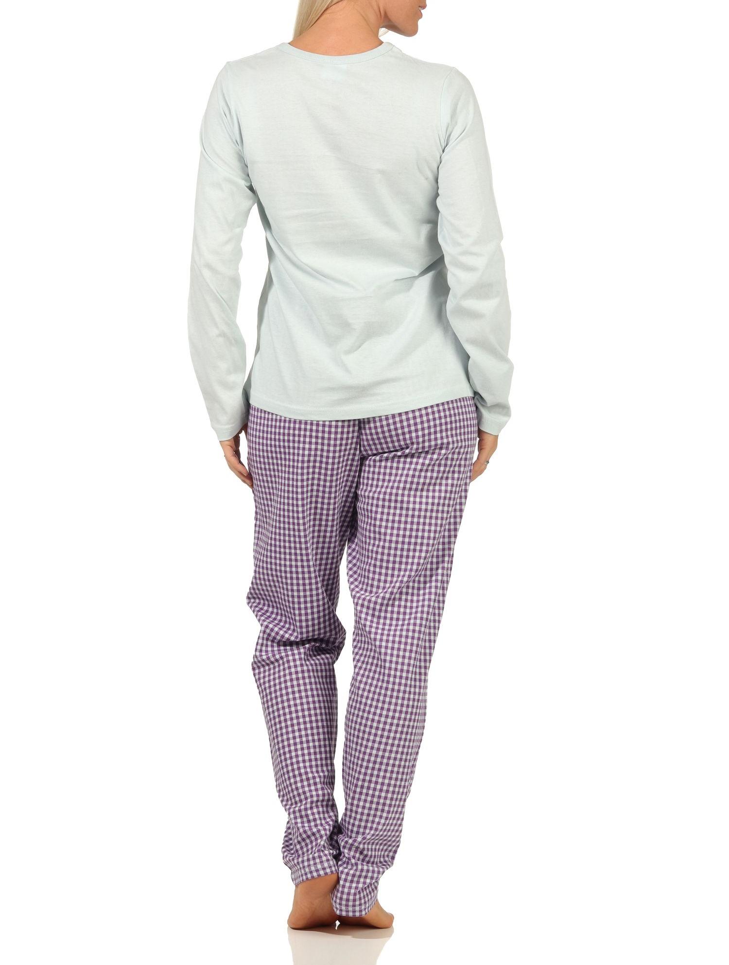 Damen langarm Schlafanzug Pyjama mit Schriftzug und karierter Hose - 66536