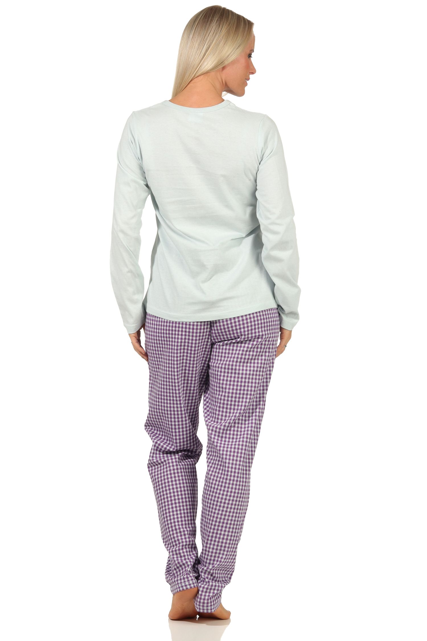 Damen langarm Schlafanzug Pyjama mit Schriftzug und karierter Hose - 66536