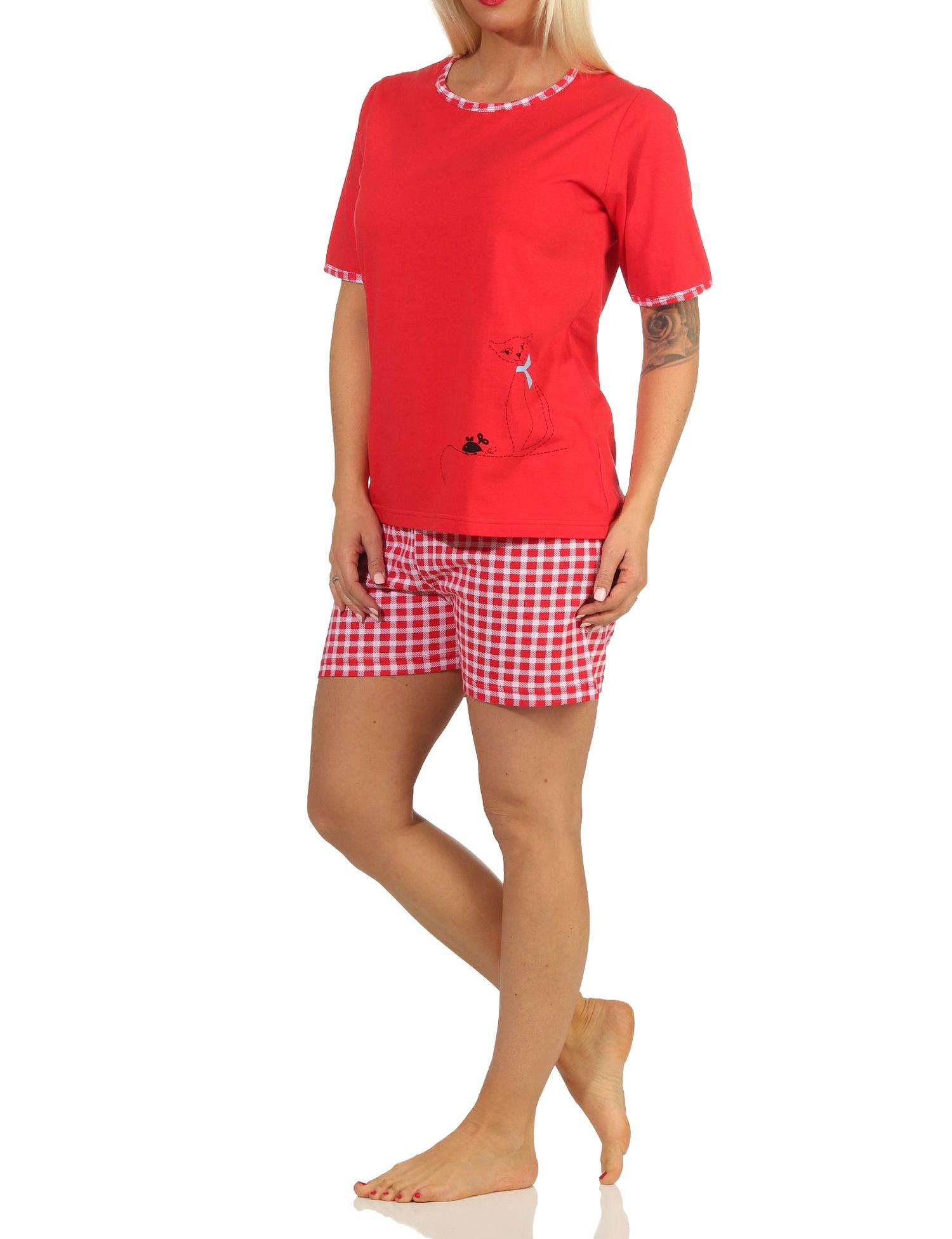 Damen Shorty Pyjama Schlafanzug kurzarm mit süßem Katzen-Motiv - 66334