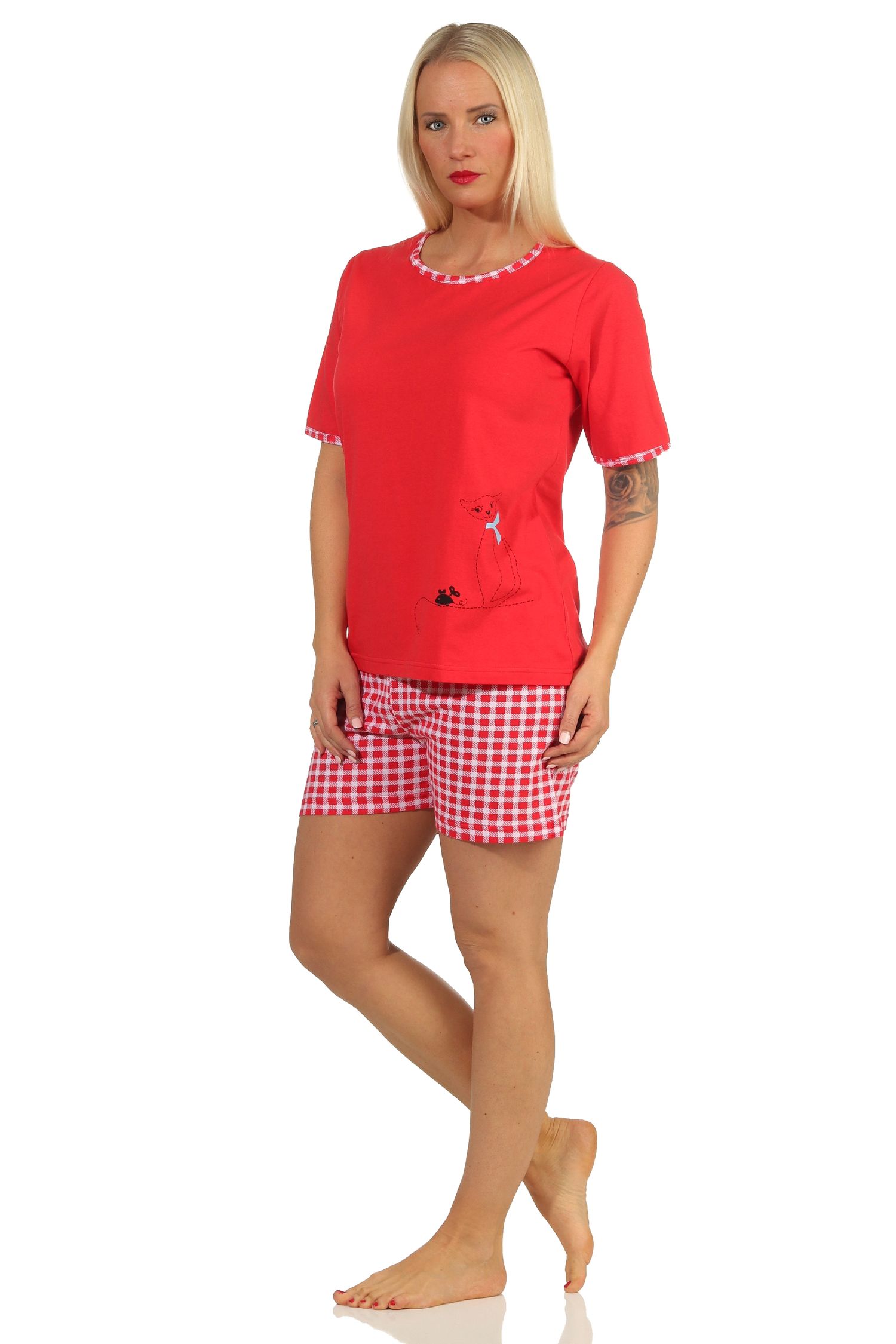 Damen Shorty Pyjama Schlafanzug kurzarm mit süßem Katzen-Motiv - 66334