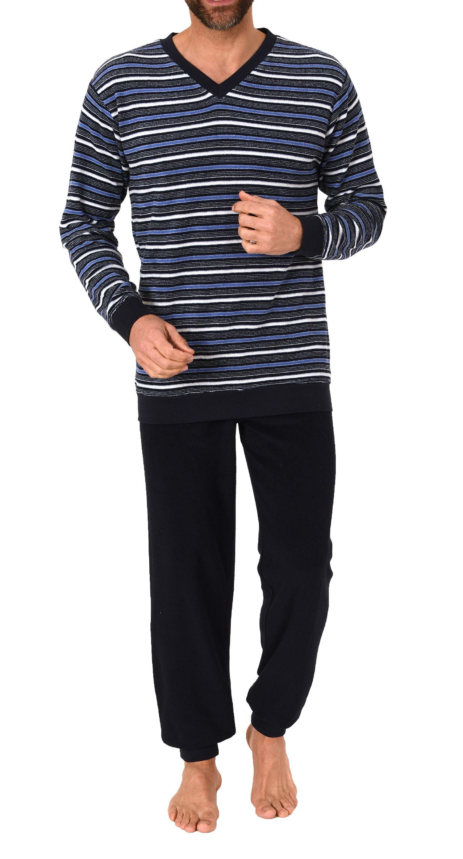Herren Frottee Schlafanzug, Pyjama mit Bündchen in Streifenoptik - 65319
