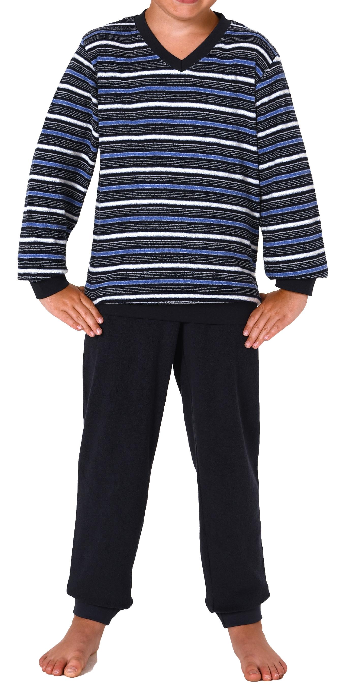 Warmer Jungen Frottee Pyjama lang, Schlafanzug mit Bündchen und Ringeln - 65689