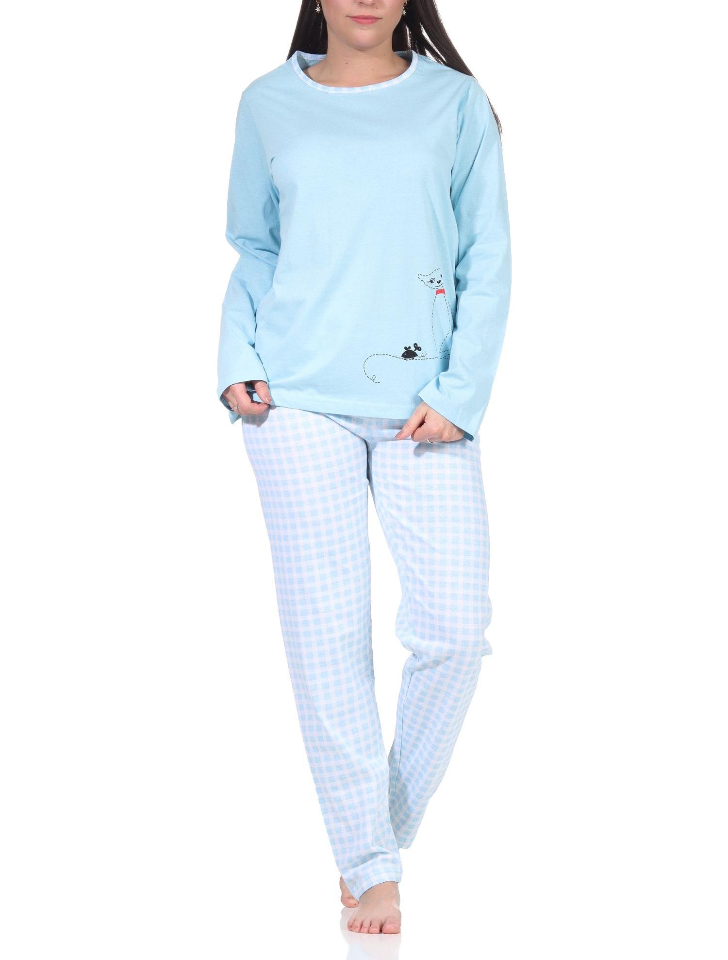 Damen langarm Schlafanzug Pyjama mit süssen Katzen Motiv und karierter Jersey Hose