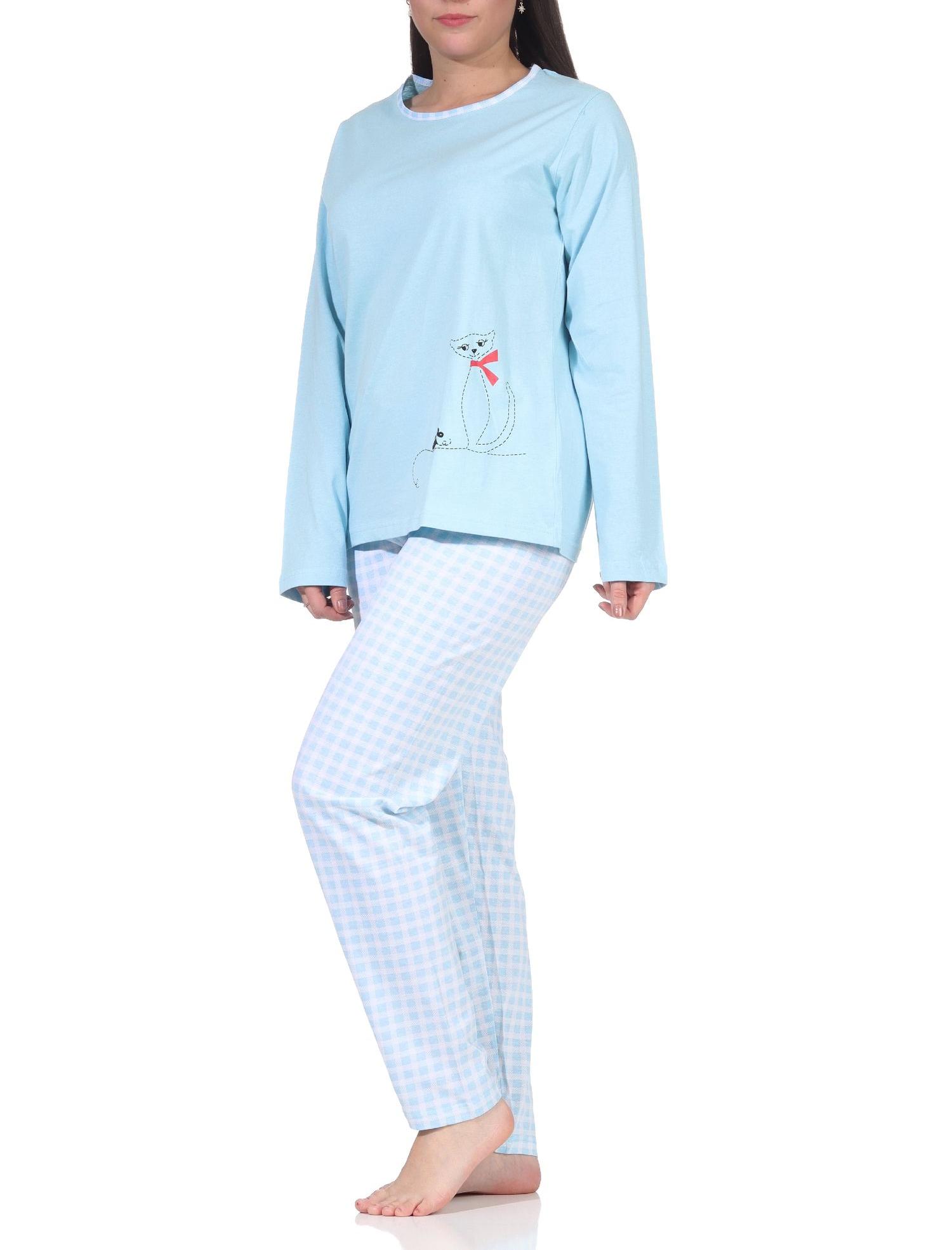 Damen langarm Schlafanzug Pyjama mit süssen Katzen Motiv und karierter Jersey Hose