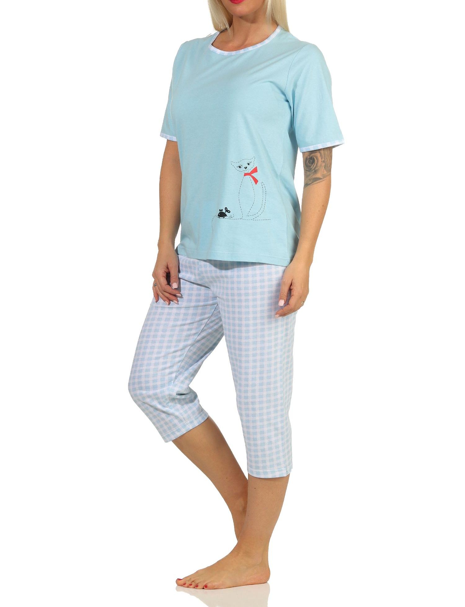 Damen kurzarm Capri Schlafanzug mit süßen Katzen Motiv und 3/4-langer Karo Jersey Hose