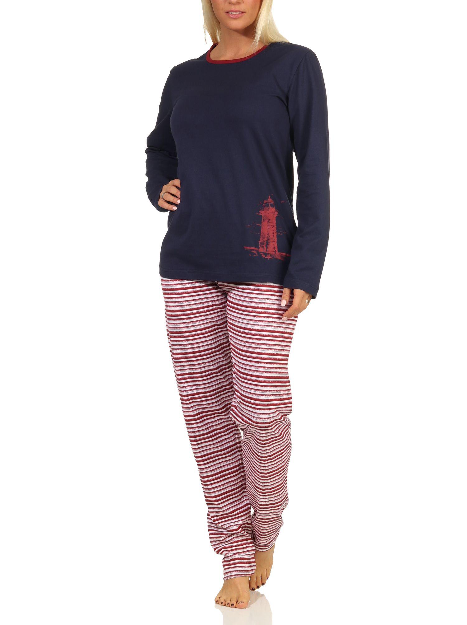 Damen langarm Schlafanzug Pyjama in maritimen Look und Leuchtturm Motiv - 112 201 10 715
