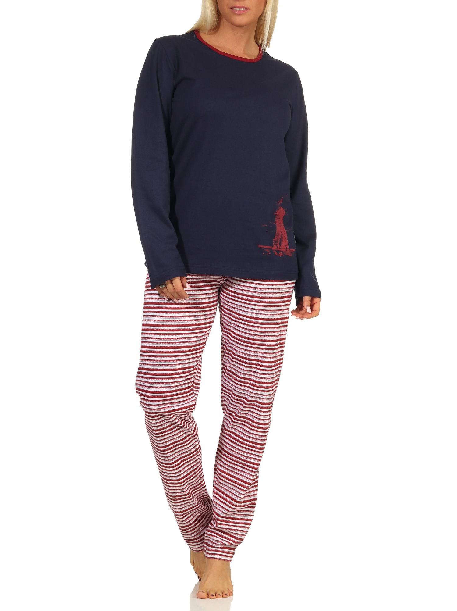 Damen langarm Schlafanzug Pyjama in maritimen Look und Leuchtturm Motiv - 112 201 10 715