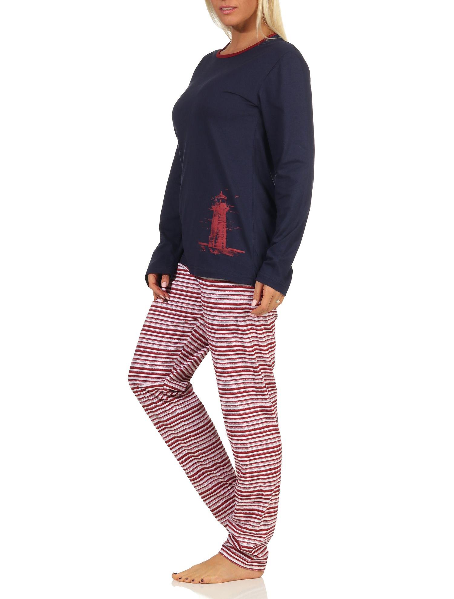 Damen langarm Schlafanzug Pyjama in maritimen Look und Leuchtturm Motiv - 112 201 10 715