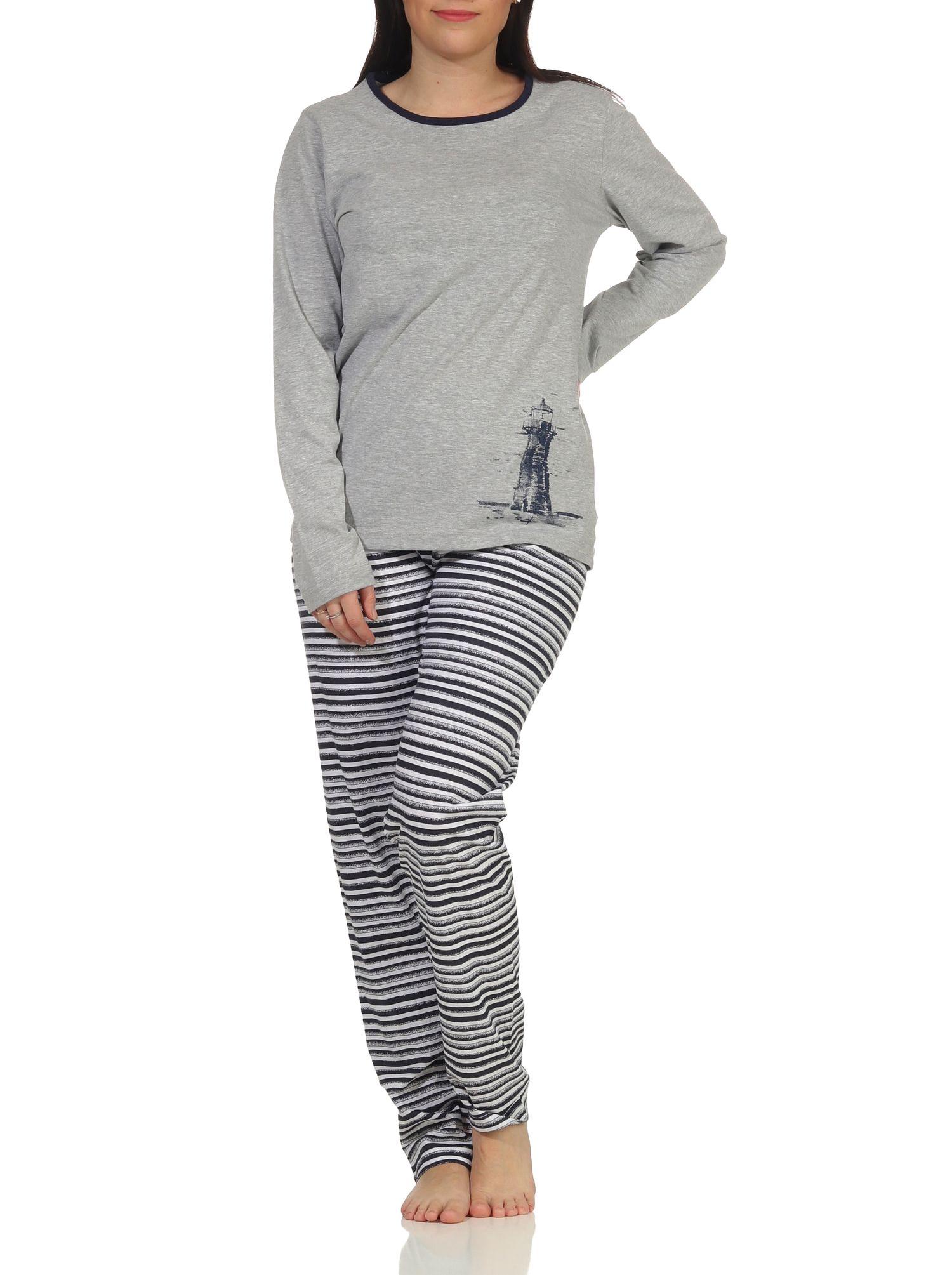 Damen langarm Schlafanzug Pyjama in maritimen Look und Leuchtturm Motiv - 112 201 10 715