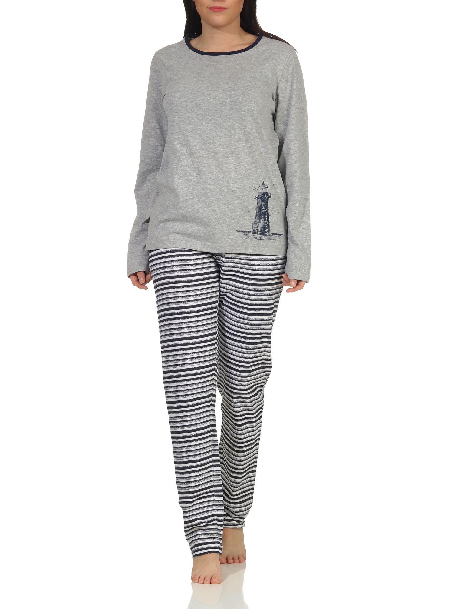 Damen langarm Schlafanzug Pyjama in maritimen Look und Leuchtturm Motiv - 112 201 10 715