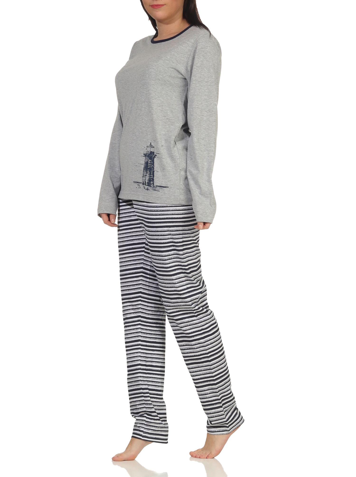 Damen langarm Schlafanzug Pyjama in maritimen Look und Leuchtturm Motiv - 112 201 10 715