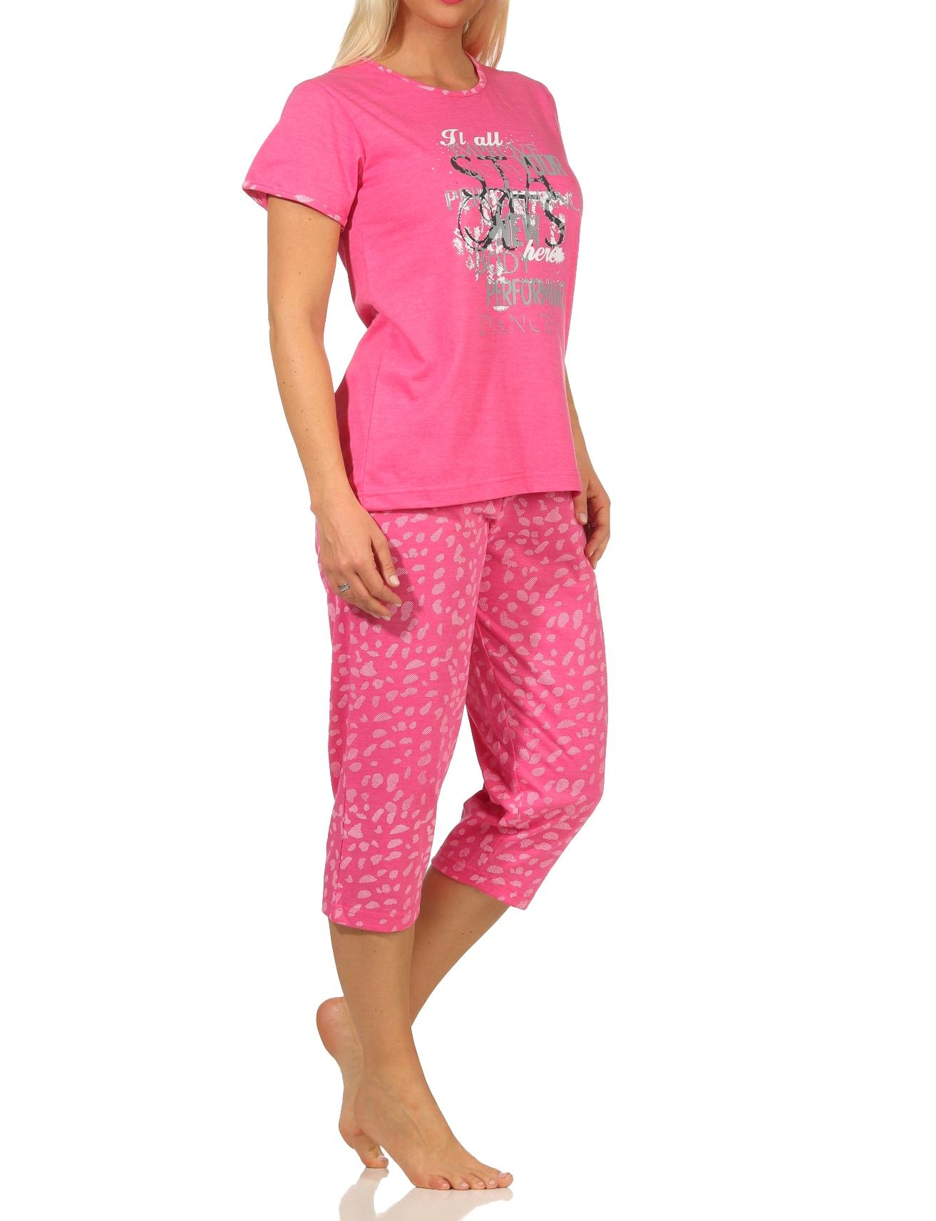 Damen kurzarm Capri Schlafanzug mit tollem Frontprint und 3/4-langer Caprihose Damen kurzarm Capri Schlafanzug mit tollem Frontprint und 3/4-langer Caprihose
