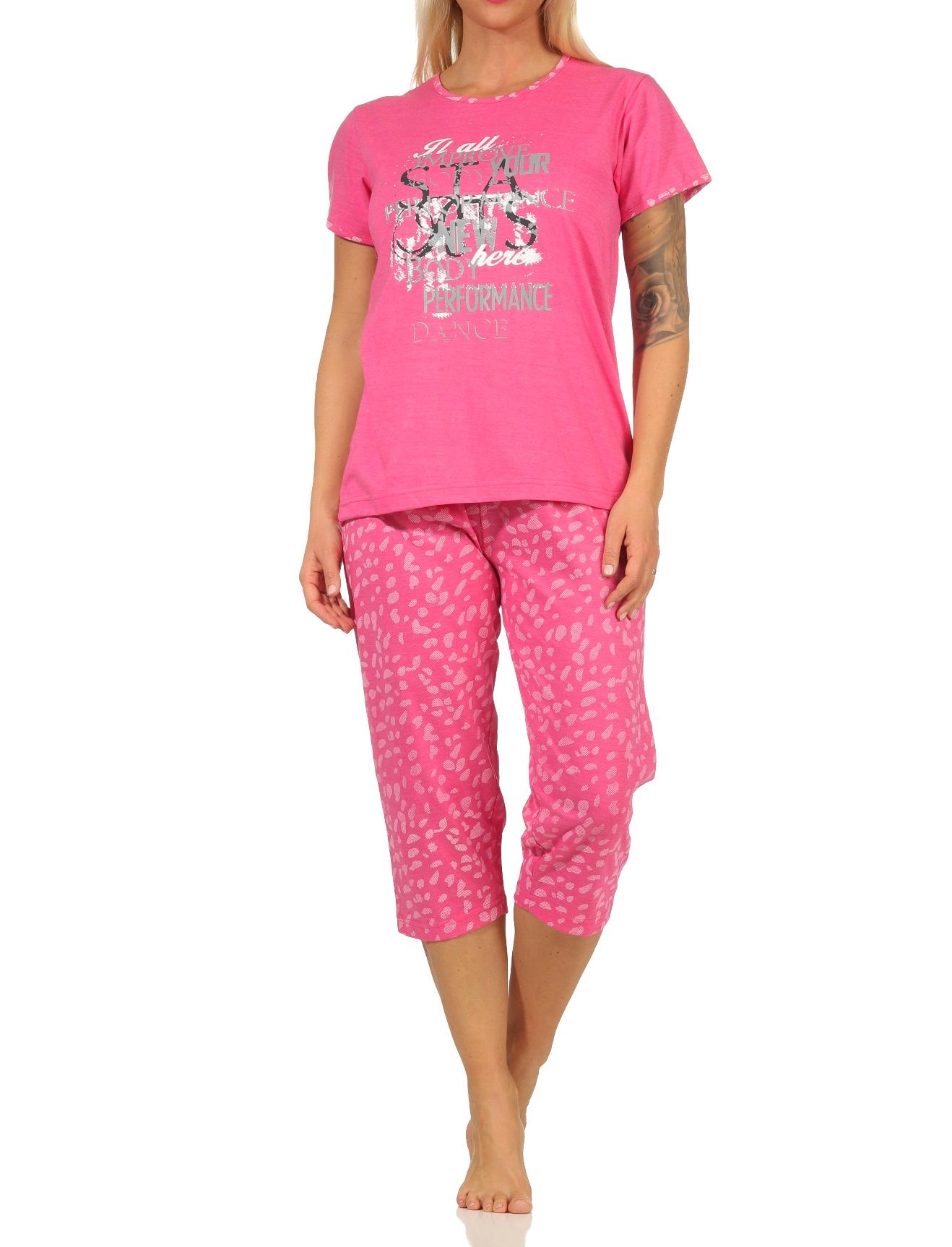 Damen kurzarm Capri Schlafanzug mit tollem Frontprint und 3/4-langer Caprihose Damen kurzarm Capri Schlafanzug mit tollem Frontprint und 3/4-langer Caprihose