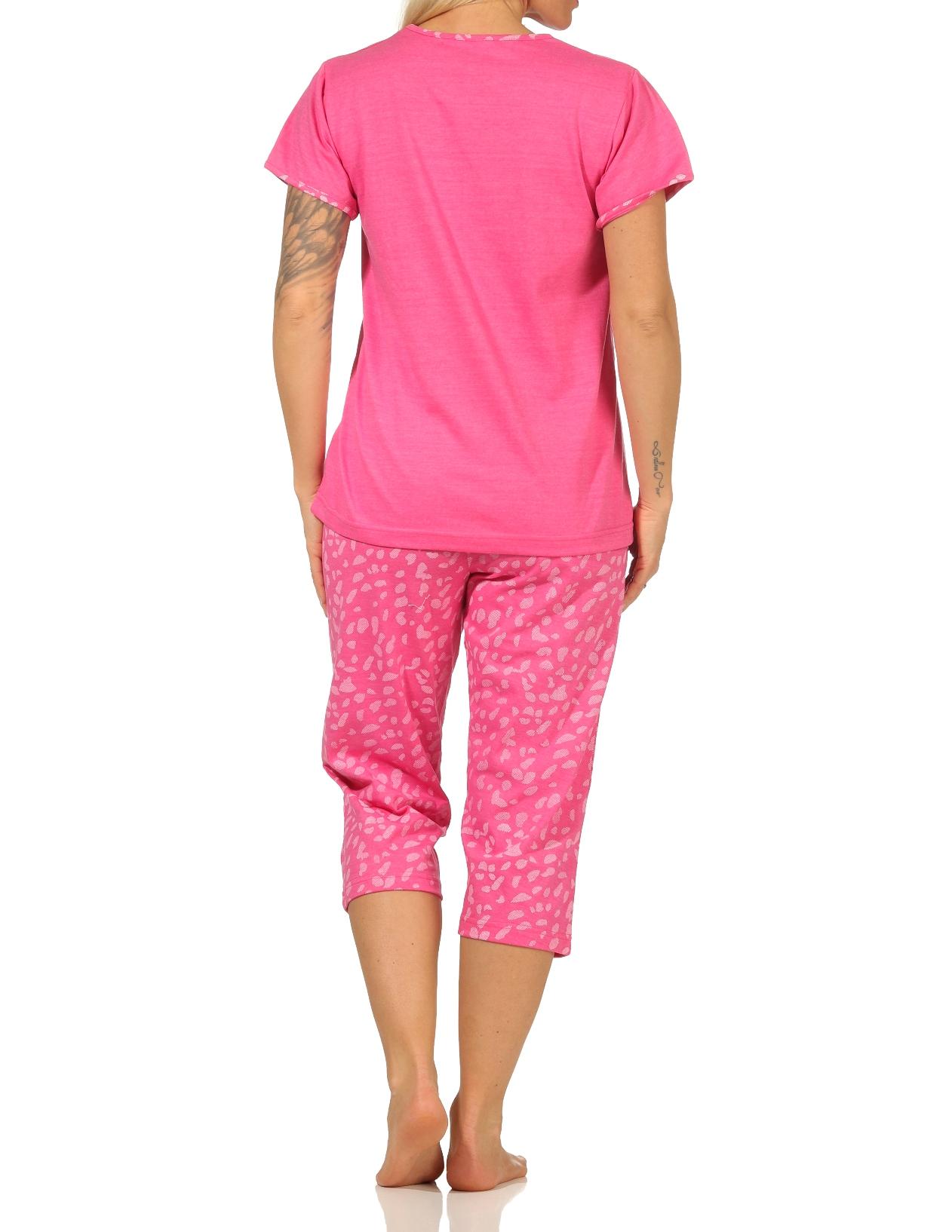 Damen kurzarm Capri Schlafanzug mit tollem Frontprint und 3/4-langer Caprihose