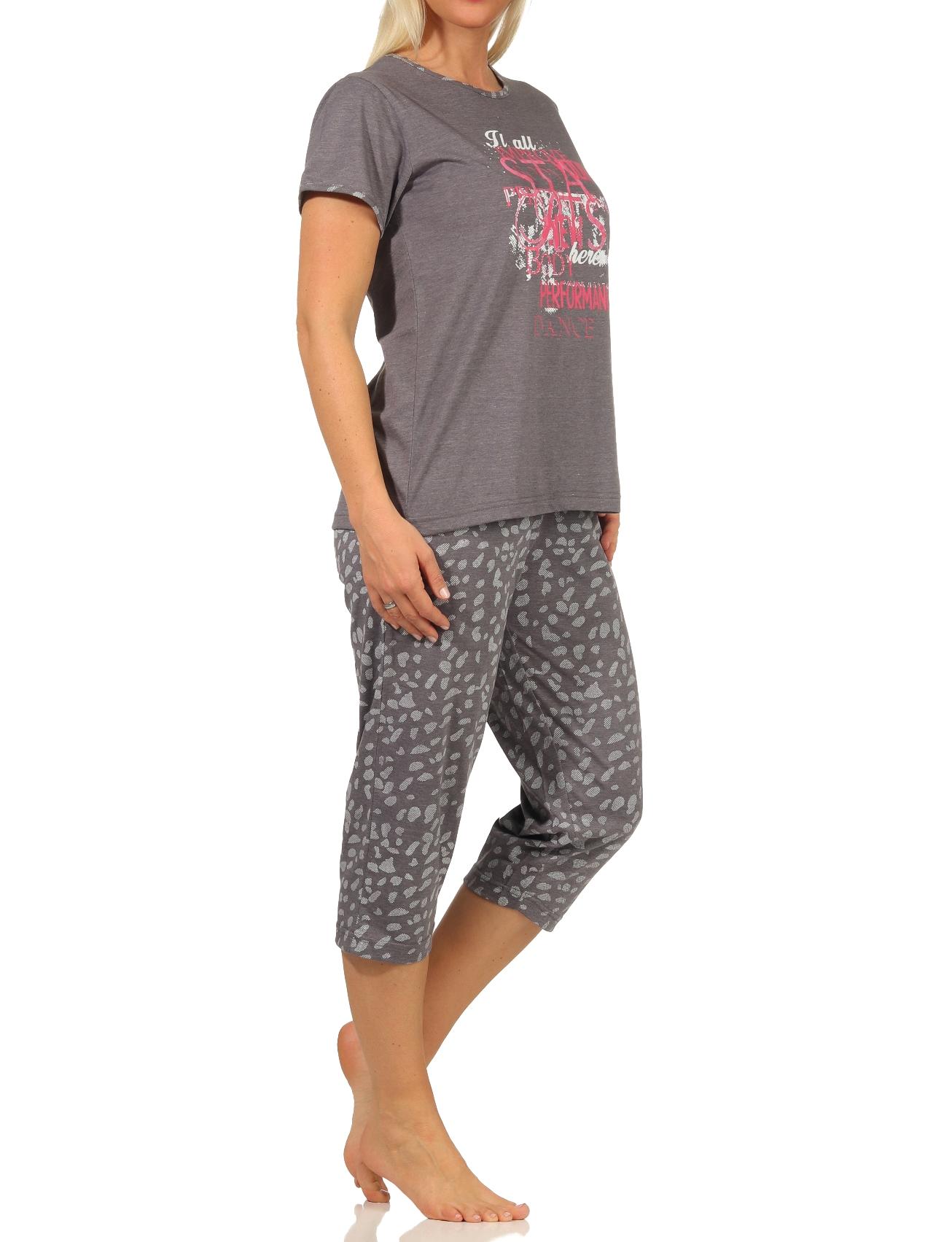 Damen kurzarm Capri Schlafanzug mit tollem Frontprint und 3/4-langer Caprihose