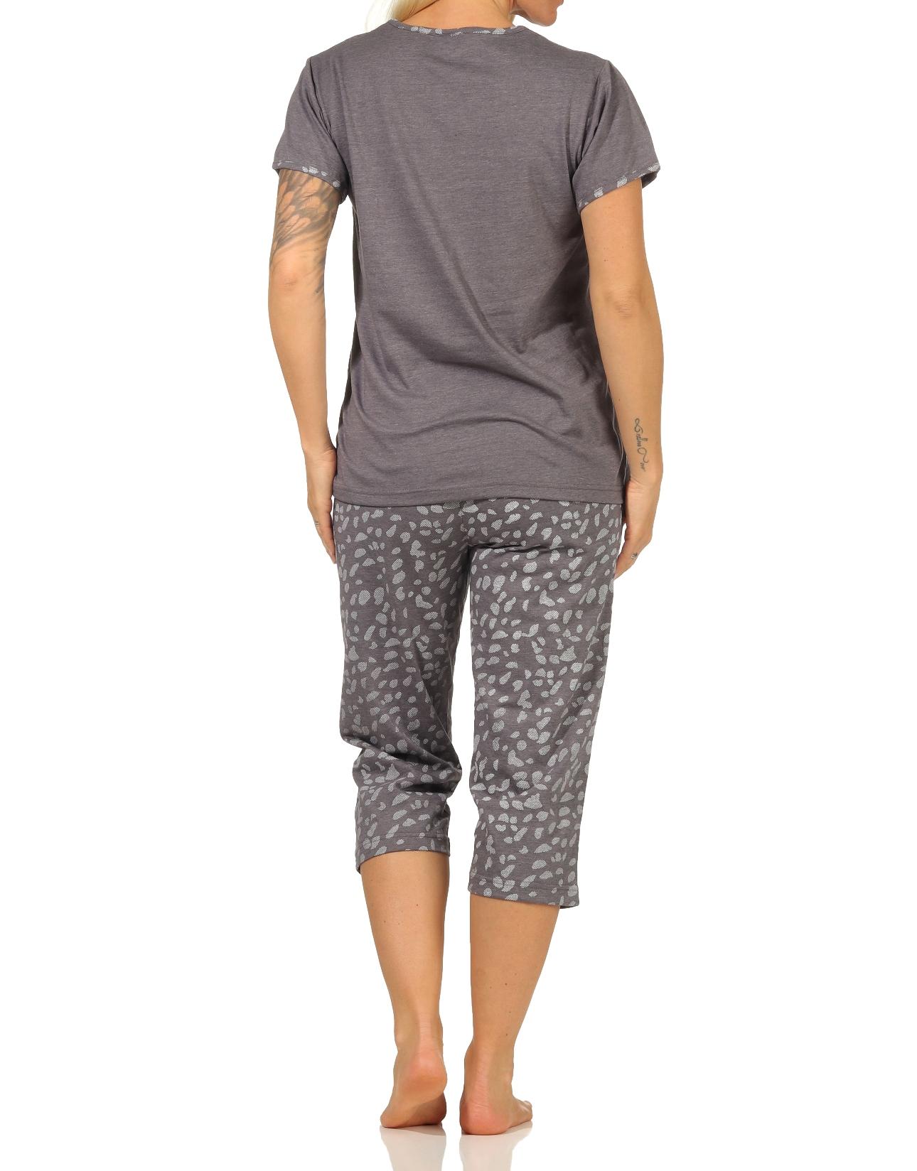 Damen kurzarm Capri Schlafanzug mit tollem Frontprint und 3/4-langer Caprihose